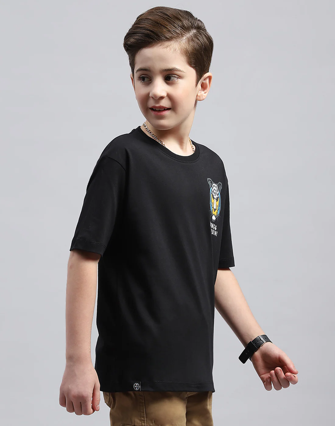 Boys Black Printed Round Neck Half Sleeve T-Shirt - Image 4