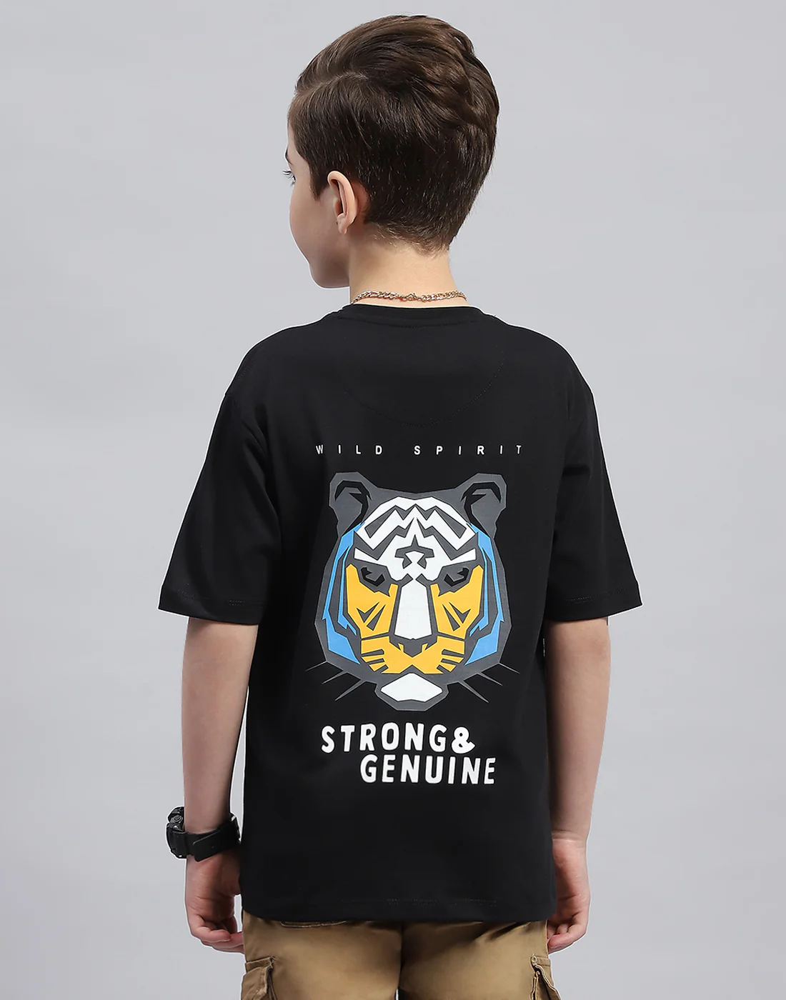 Boys Black Printed Round Neck Half Sleeve T-Shirt - Image 5