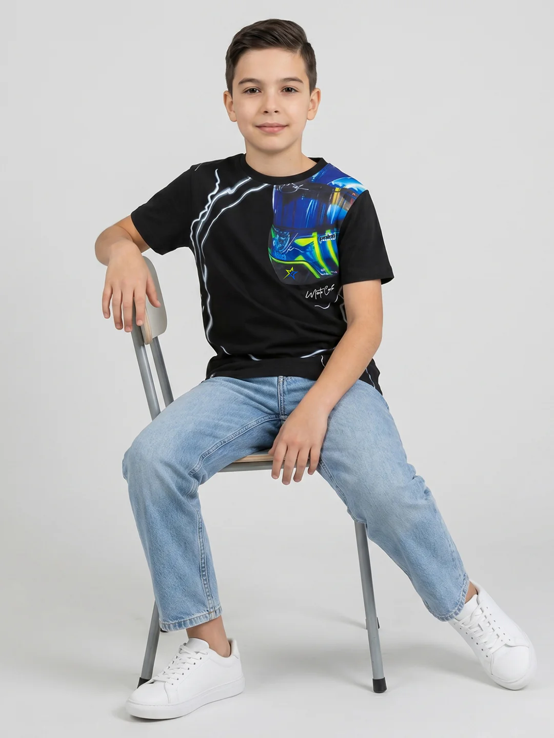 Boys Black Printed Round Neck Half Sleeve T-Shirt - Image 5