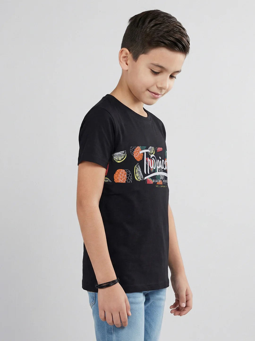 Boys Black Printed Round Neck Half Sleeve T-Shirt - Image 2