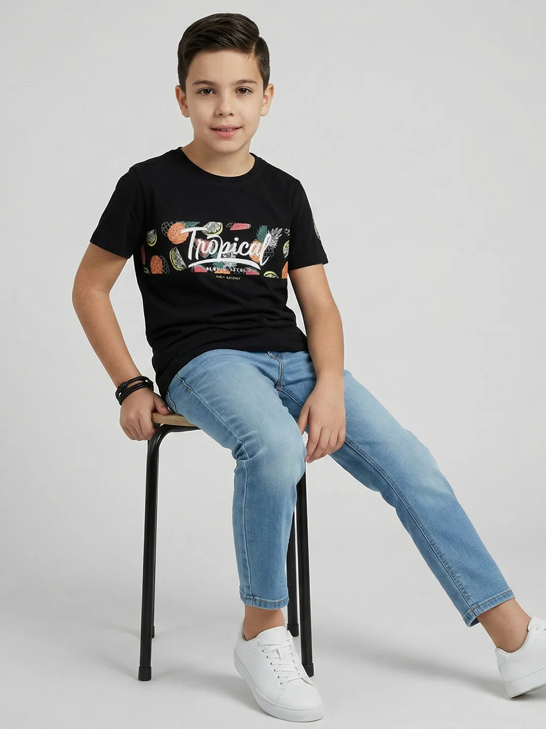 Boys Black Printed Round Neck Half Sleeve T-Shirt - Image 5