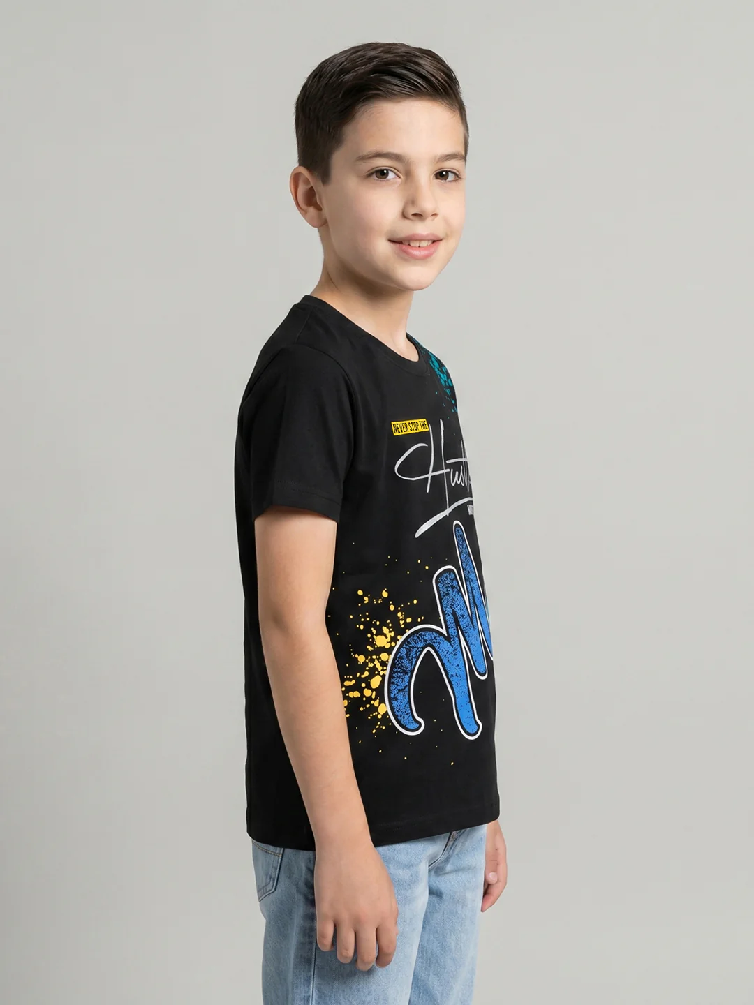 Boys Black Printed Round Neck Half Sleeve T-Shirt - Image 2