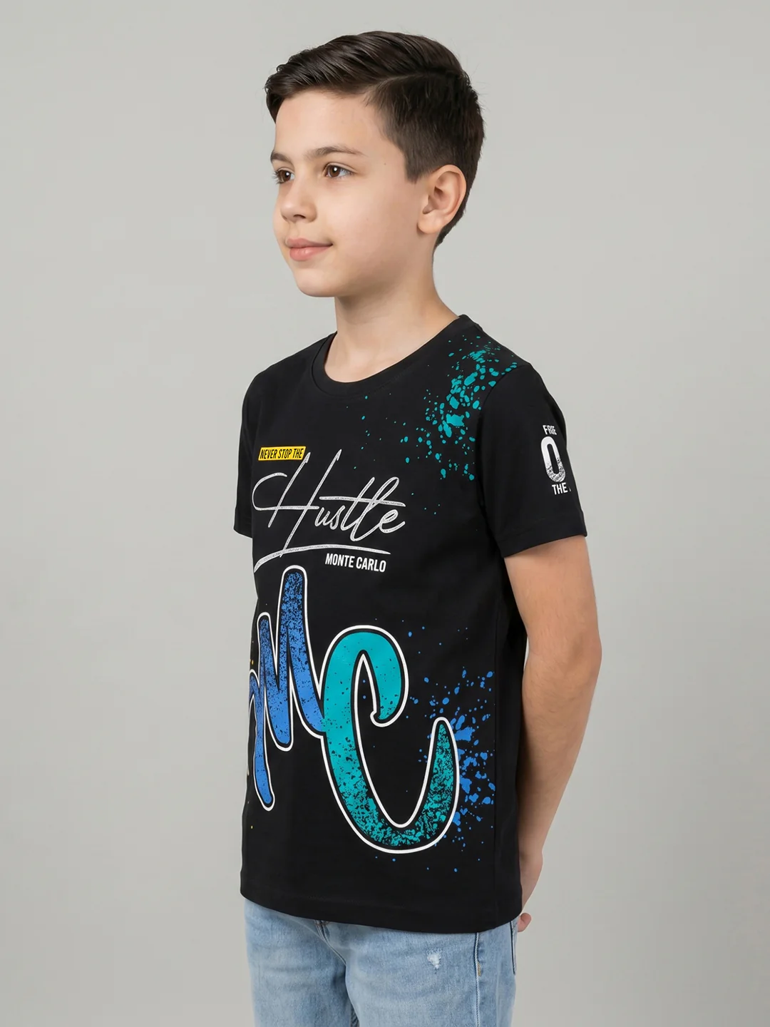 Boys Black Printed Round Neck Half Sleeve T-Shirt - Image 3