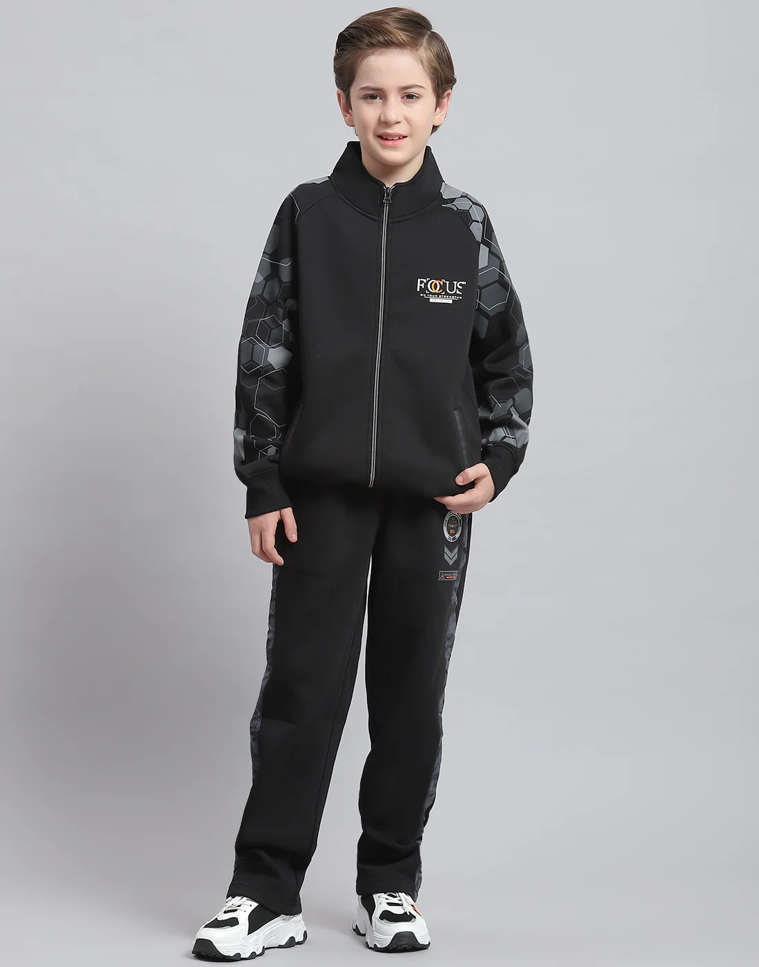 Boys Black Printed Stand Collar Full Sleeve Tracksuit - Image 2