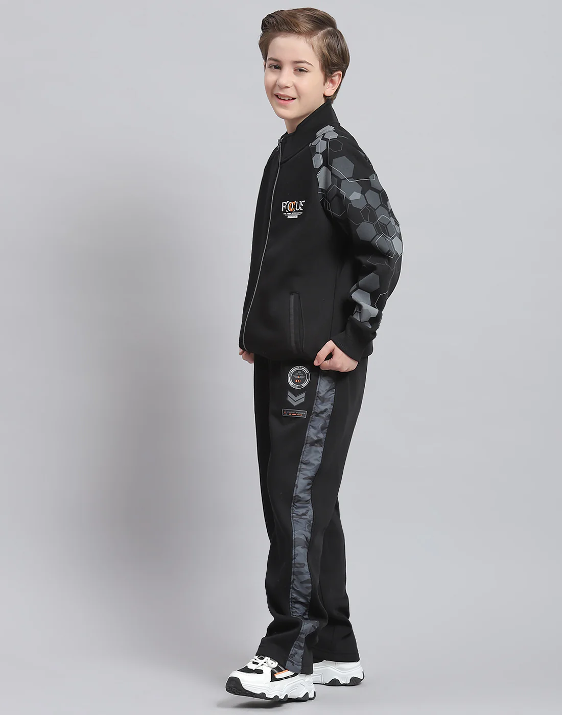 Boys Black Printed Stand Collar Full Sleeve Tracksuit - Image 3