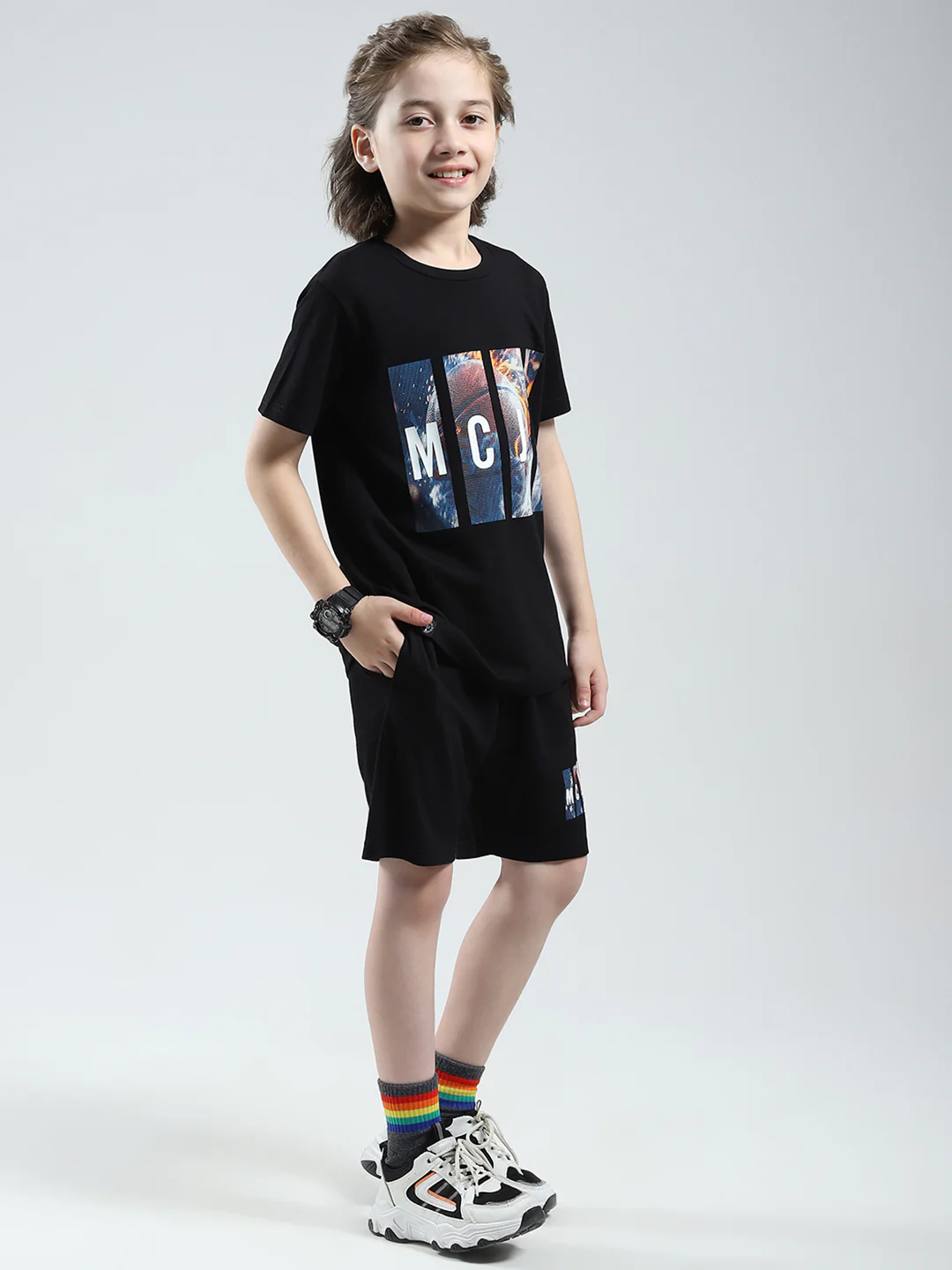 Boys Black Printed Round Neck Half Sleeve Bermuda Set - Image 4