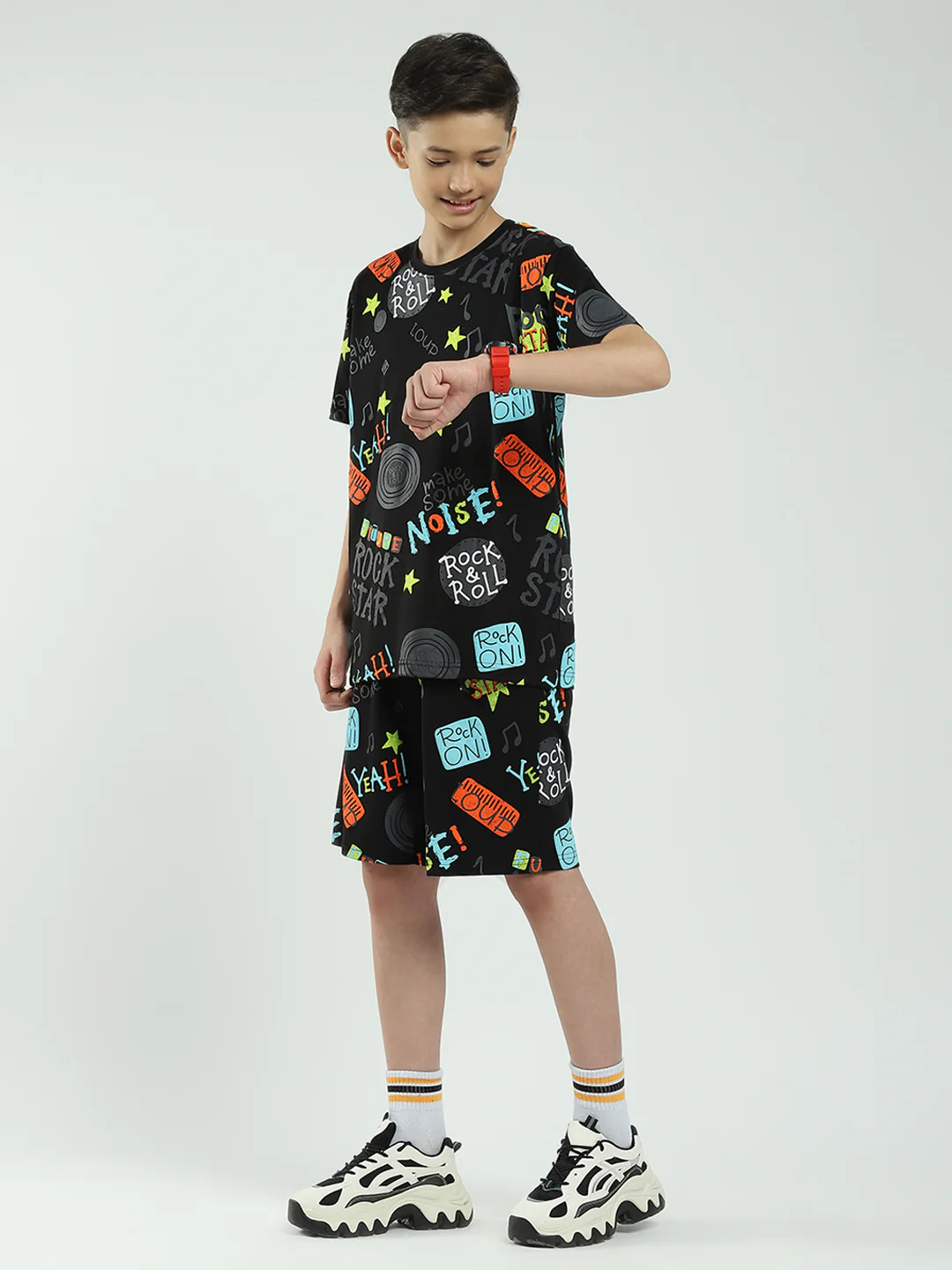 Boys Black Printed Round Neck Half Sleeve Bermuda Set - Image 3