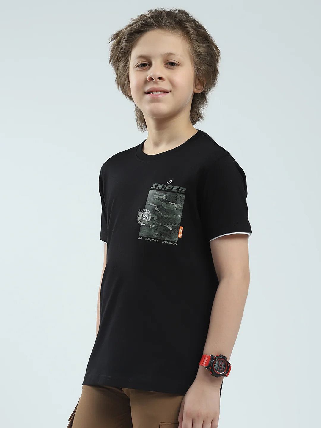 Boys Black Printed Round Neck Half Sleeve T-Shirt - Image 3