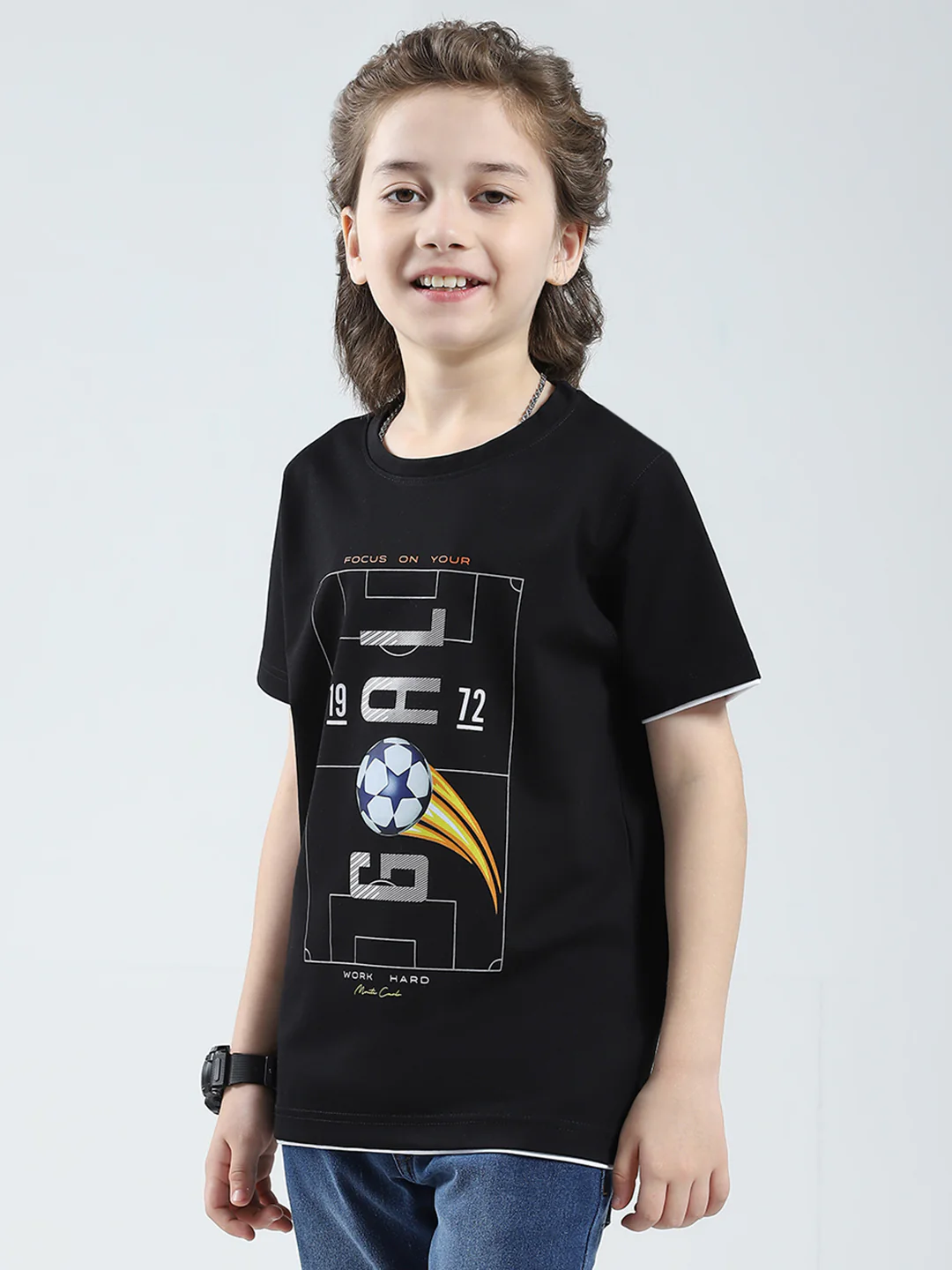 Boys Black Printed Round Neck Half Sleeve T-Shirt - Image 3