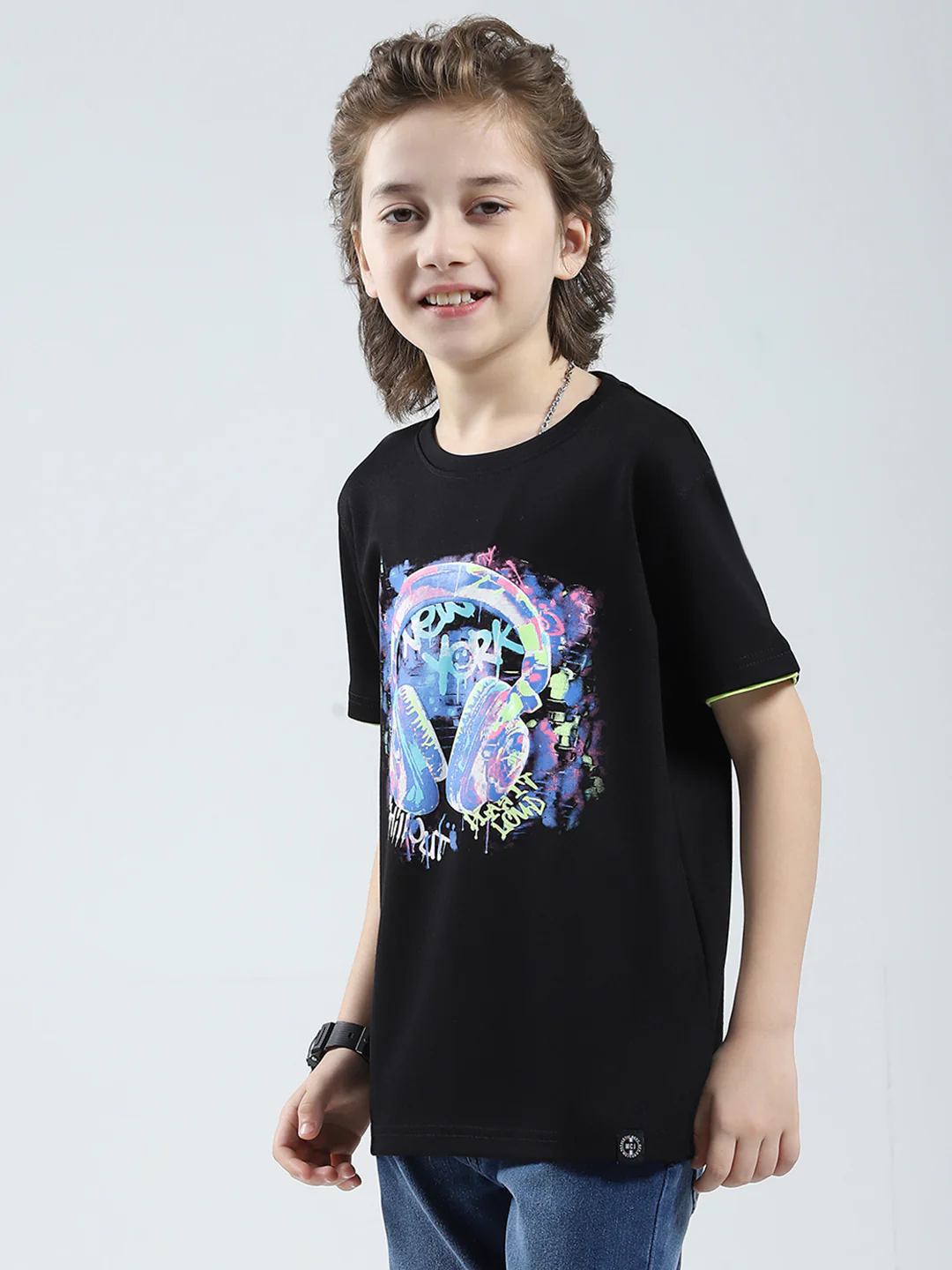 Boys Black Printed Round Neck Half Sleeve T-Shirt - Image 3