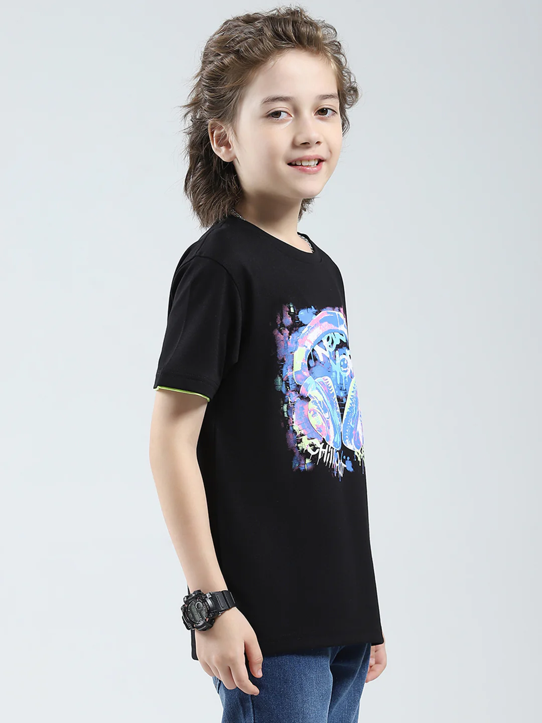 Boys Black Printed Round Neck Half Sleeve T-Shirt - Image 4
