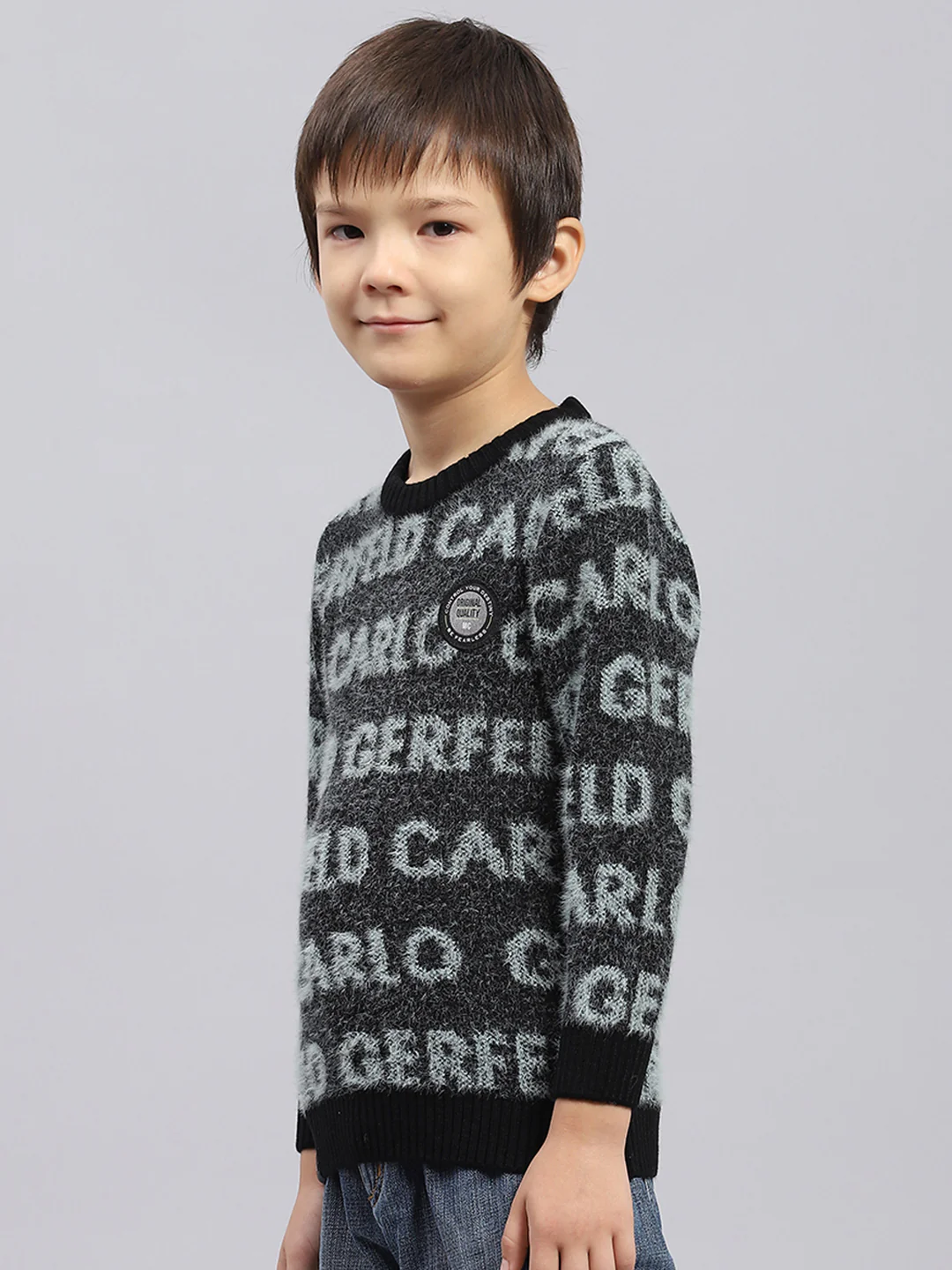 Boys Black Self Design Round Neck Full Sleeve Pullover - Image 3