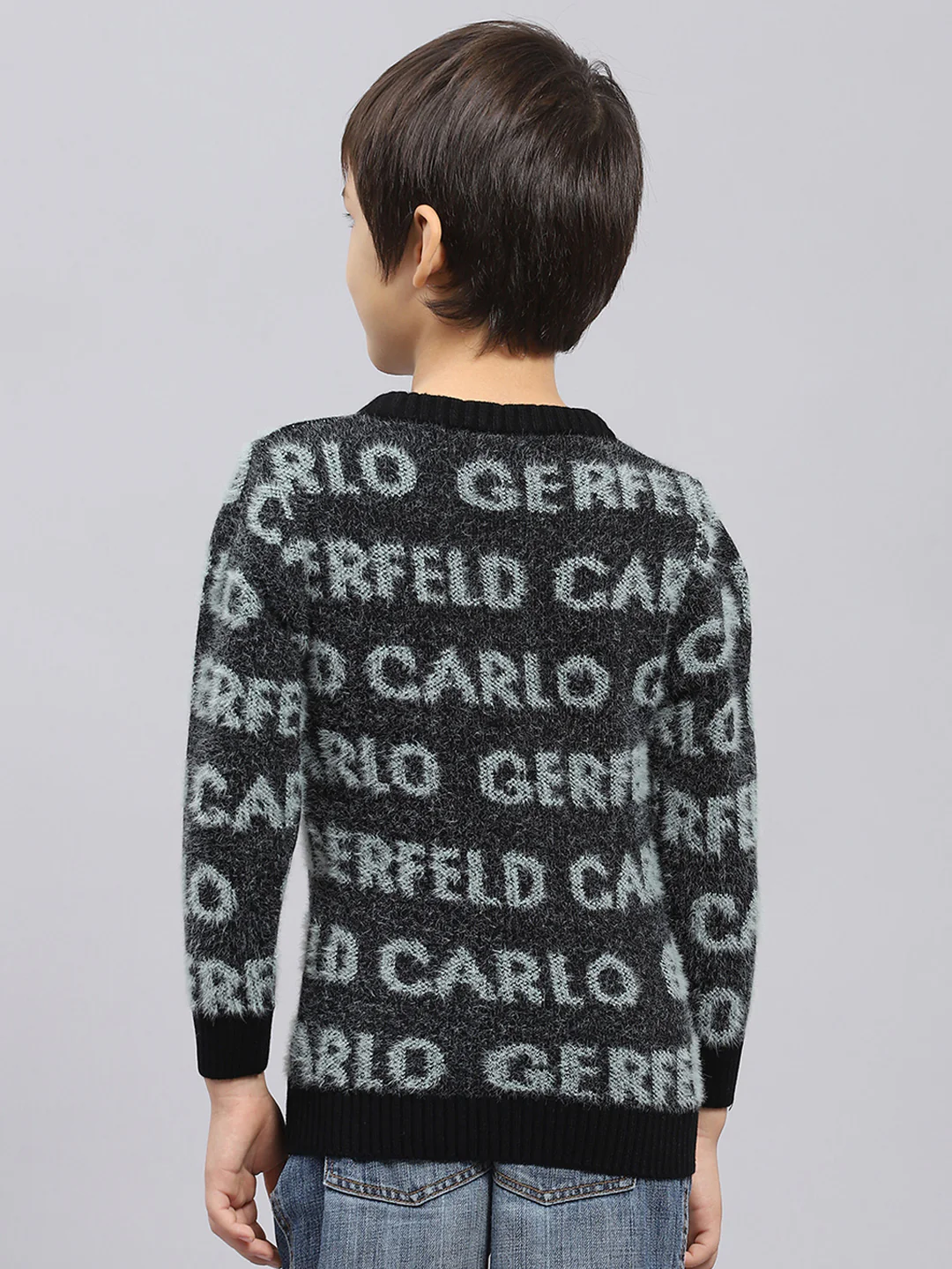 Boys Black Self Design Round Neck Full Sleeve Pullover - Image 5