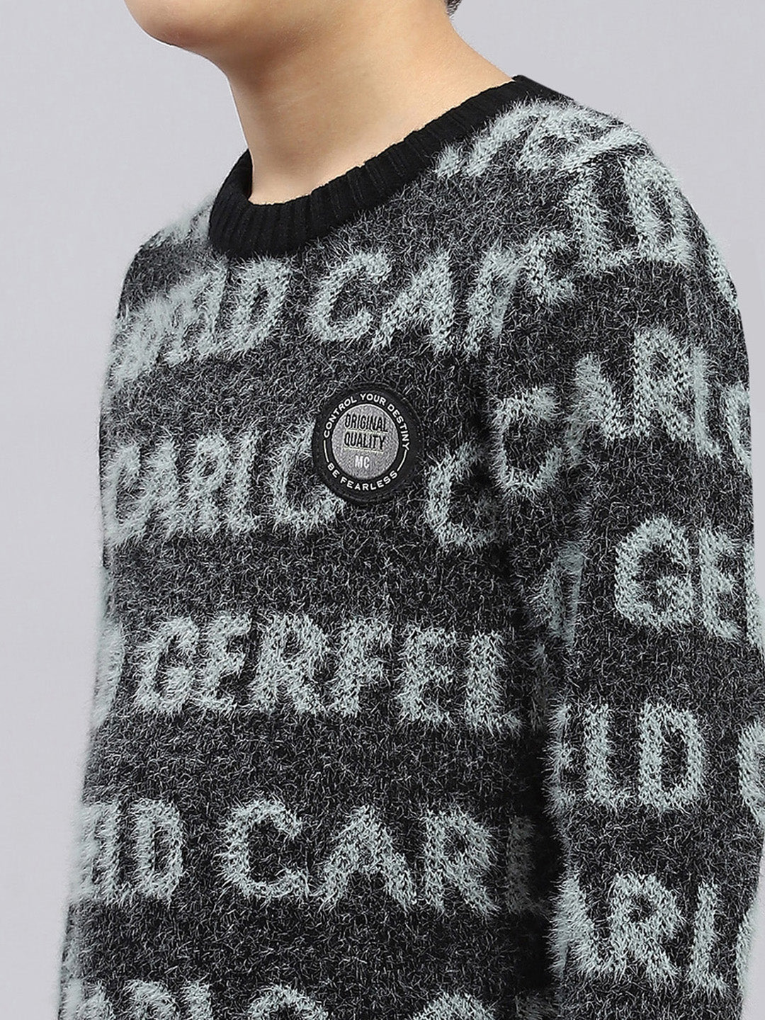 Boys Black Self Design Round Neck Full Sleeve Pullover - Image 6