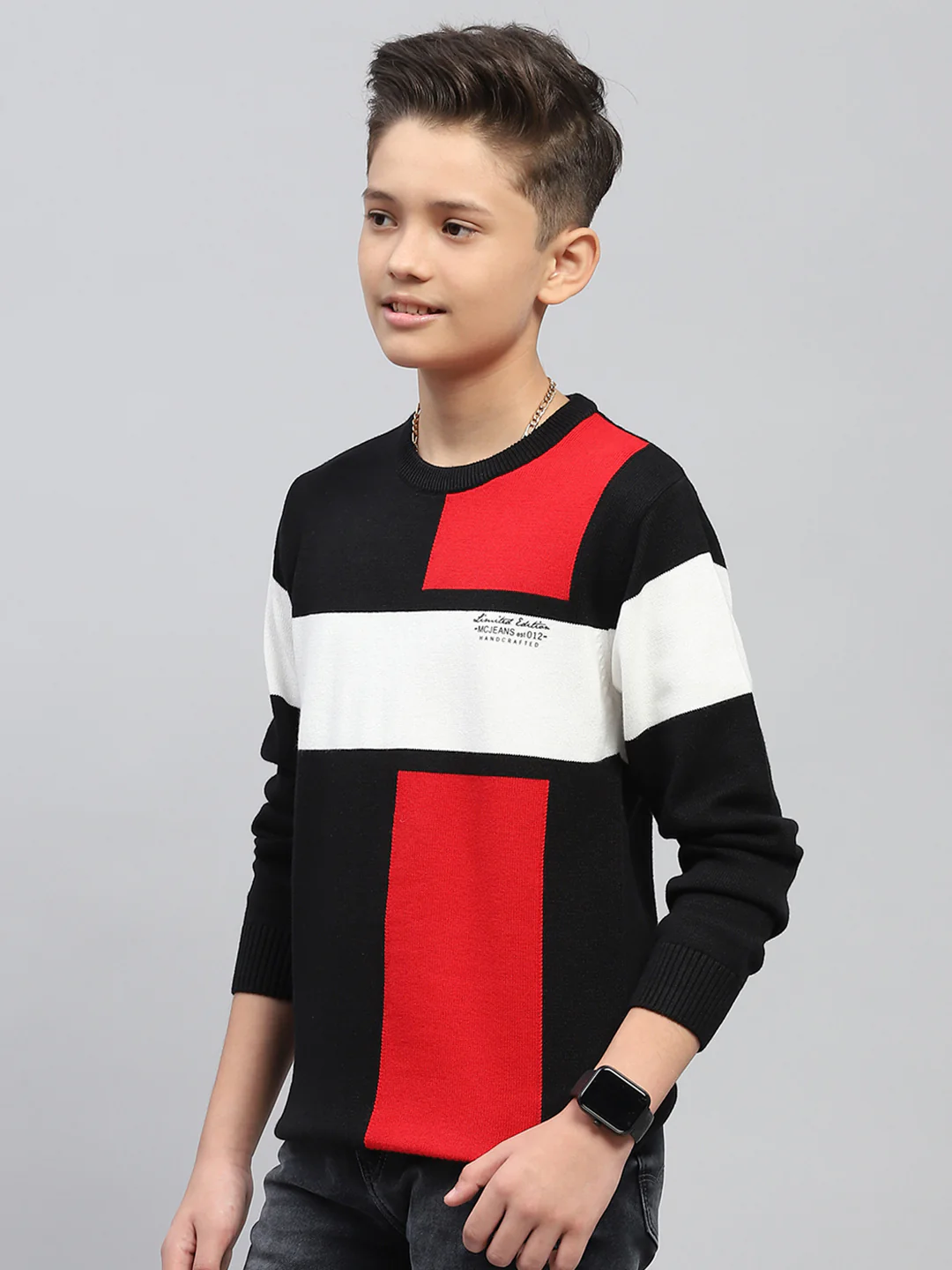 Boys Black Self Design Round Neck Full Sleeve Pullover - Image 3