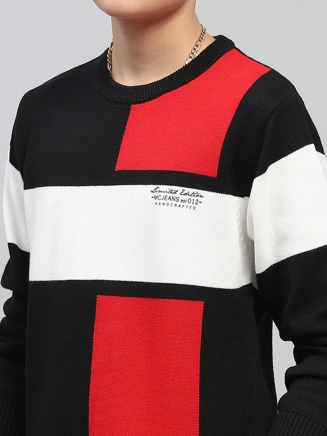 Boys Black Self Design Round Neck Full Sleeve Pullover - Image 8