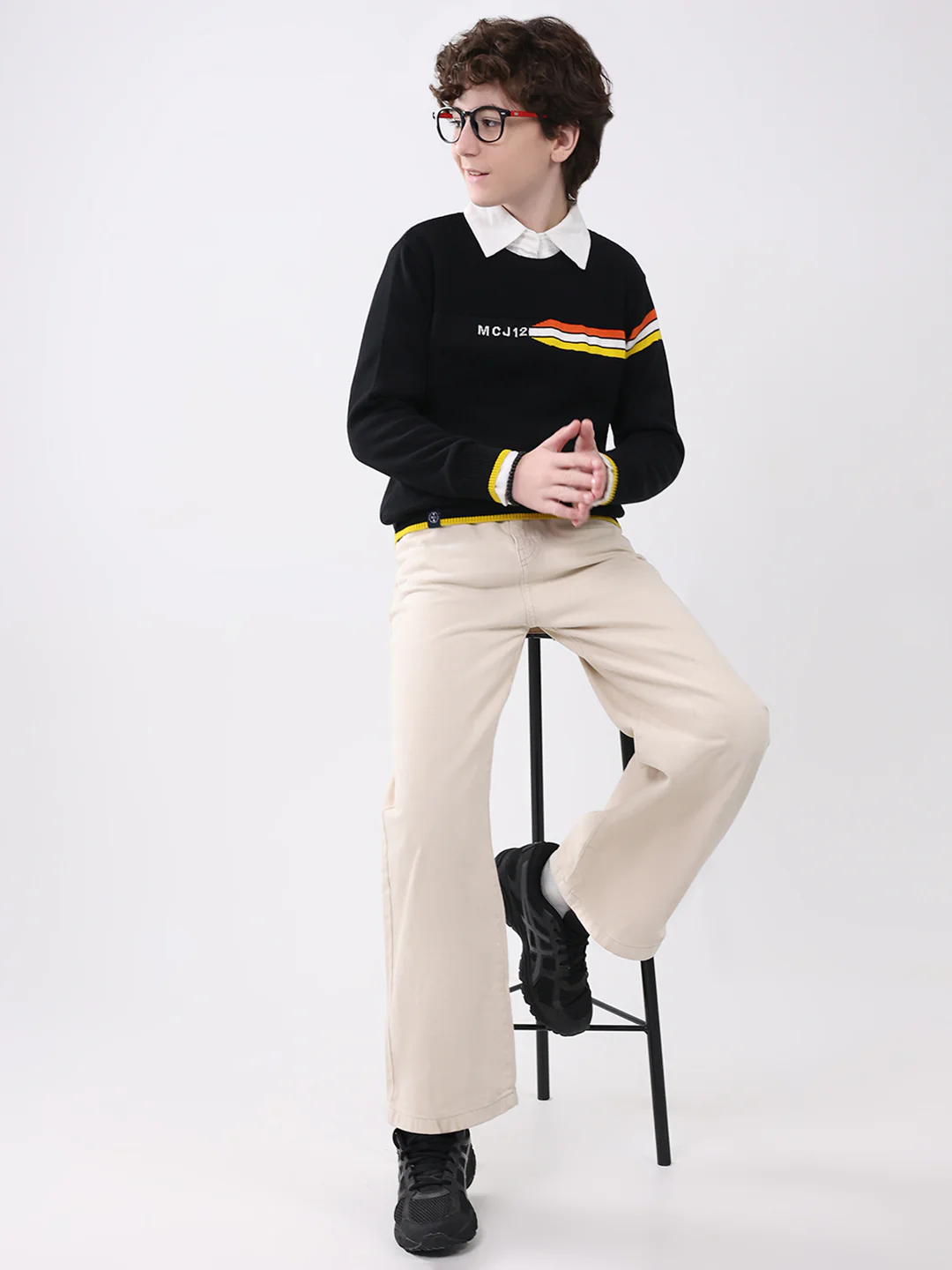 Boys Black Self Design Round Neck Full Sleeve Pullover - Image 2