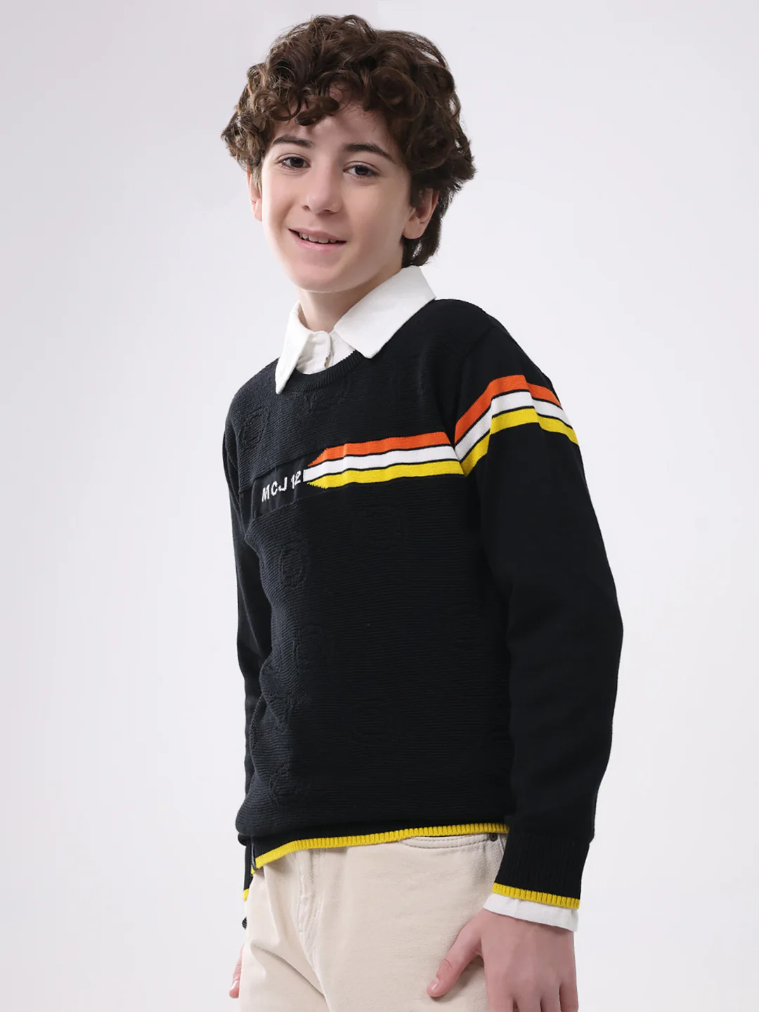 Boys Black Self Design Round Neck Full Sleeve Pullover - Image 3