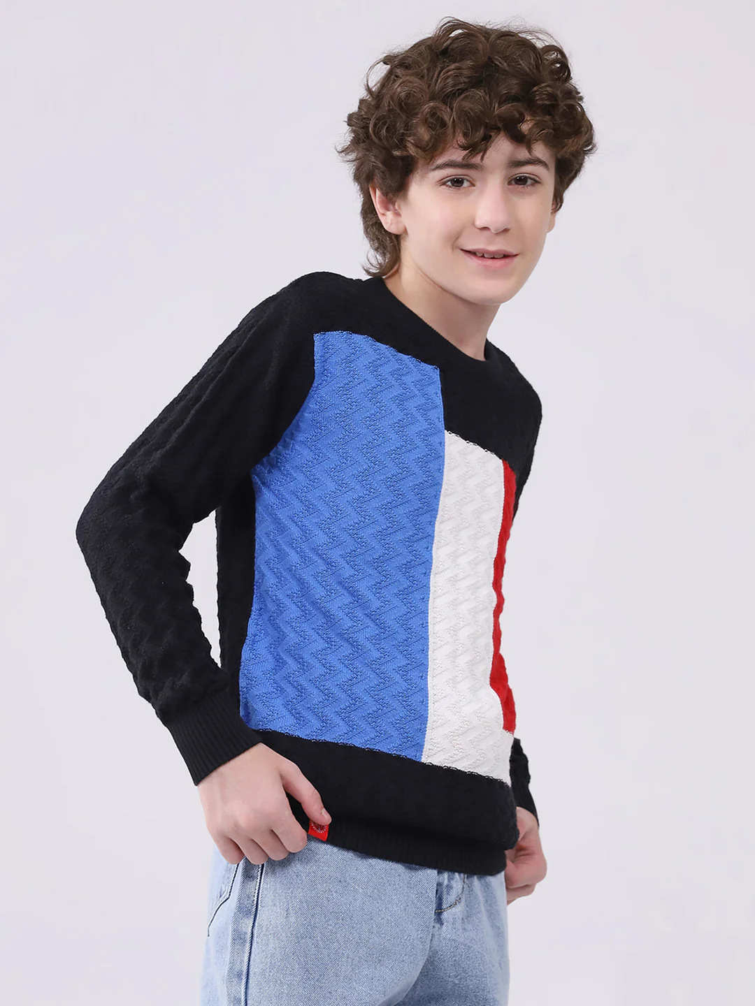 Boys Black Self Design Round Neck Full Sleeve Pullover - Image 4