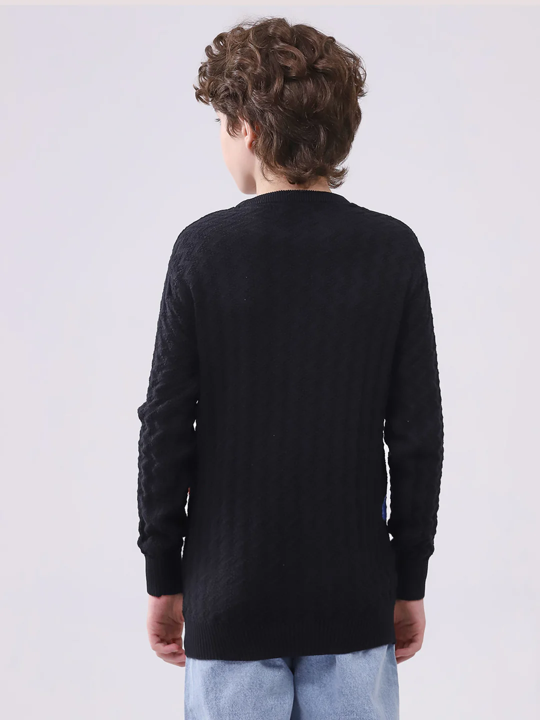 Boys Black Self Design Round Neck Full Sleeve Pullover - Image 5