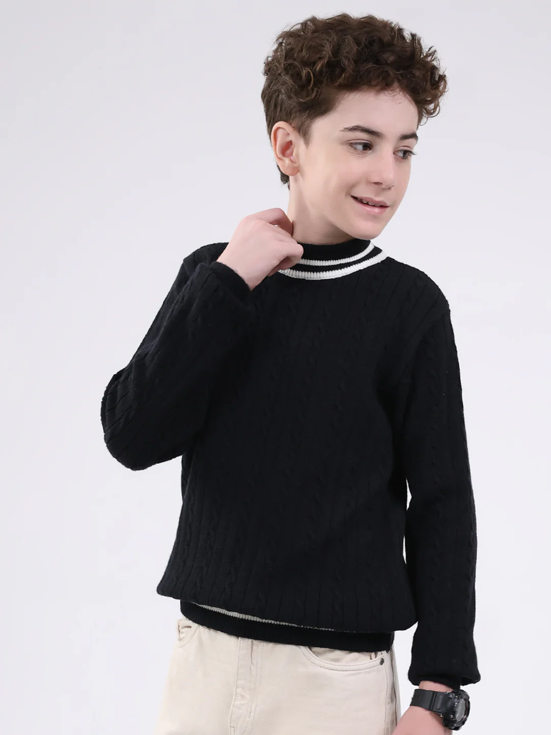 Boys Black Self Design Round Neck Full Sleeve Pullover - Image 3