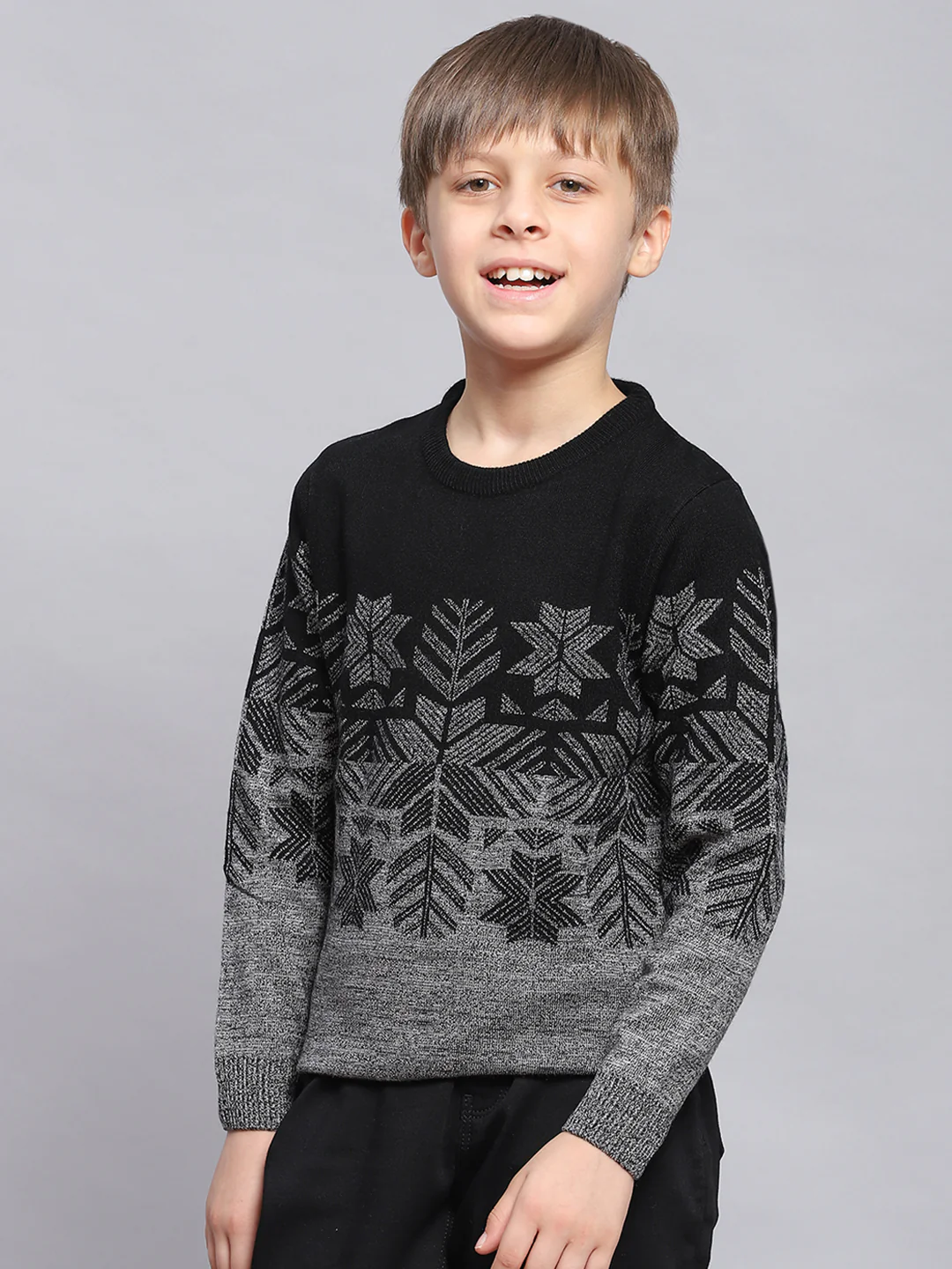 Boys Black Self Design Round Neck Full Sleeve Sweater - Image 3