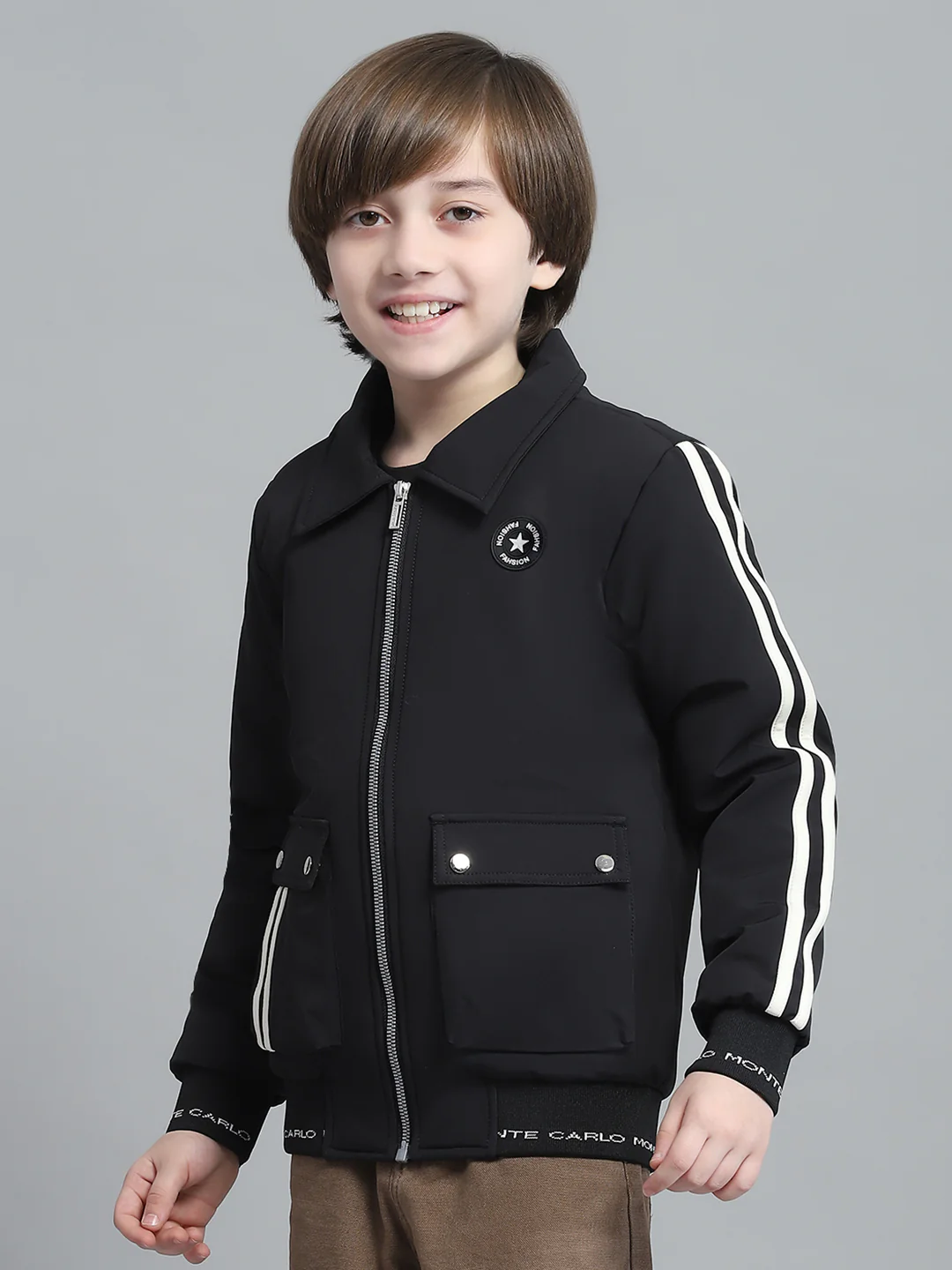 Boys Black Solid Collar Full Sleeve Jacket - Image 3