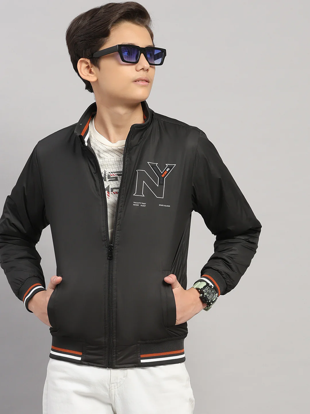 Boys Black Solid Collar Full Sleeve Jacket - Image 6
