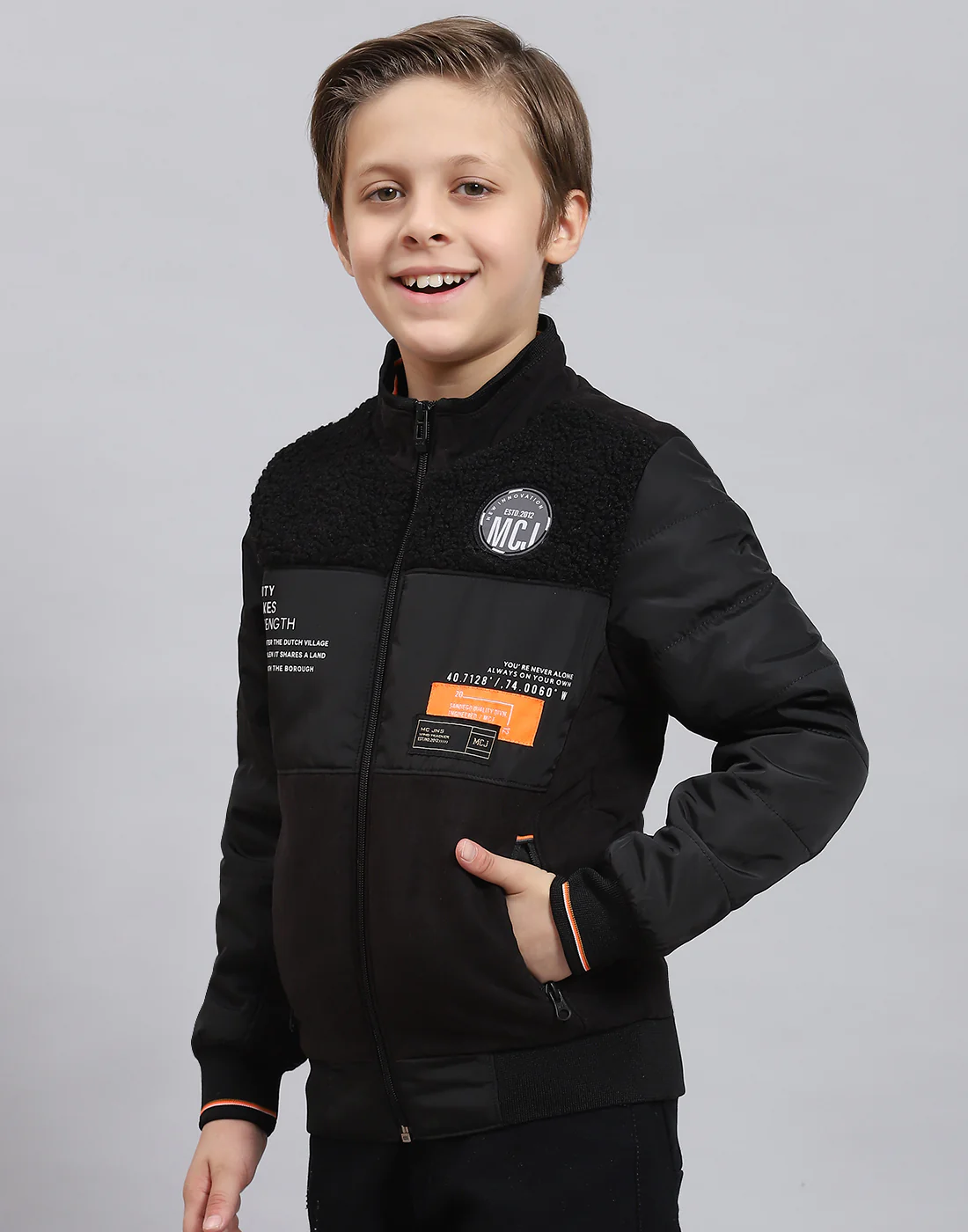 Boys Black Solid Stand Collar Full Sleeve Boys Jacket - Image 3