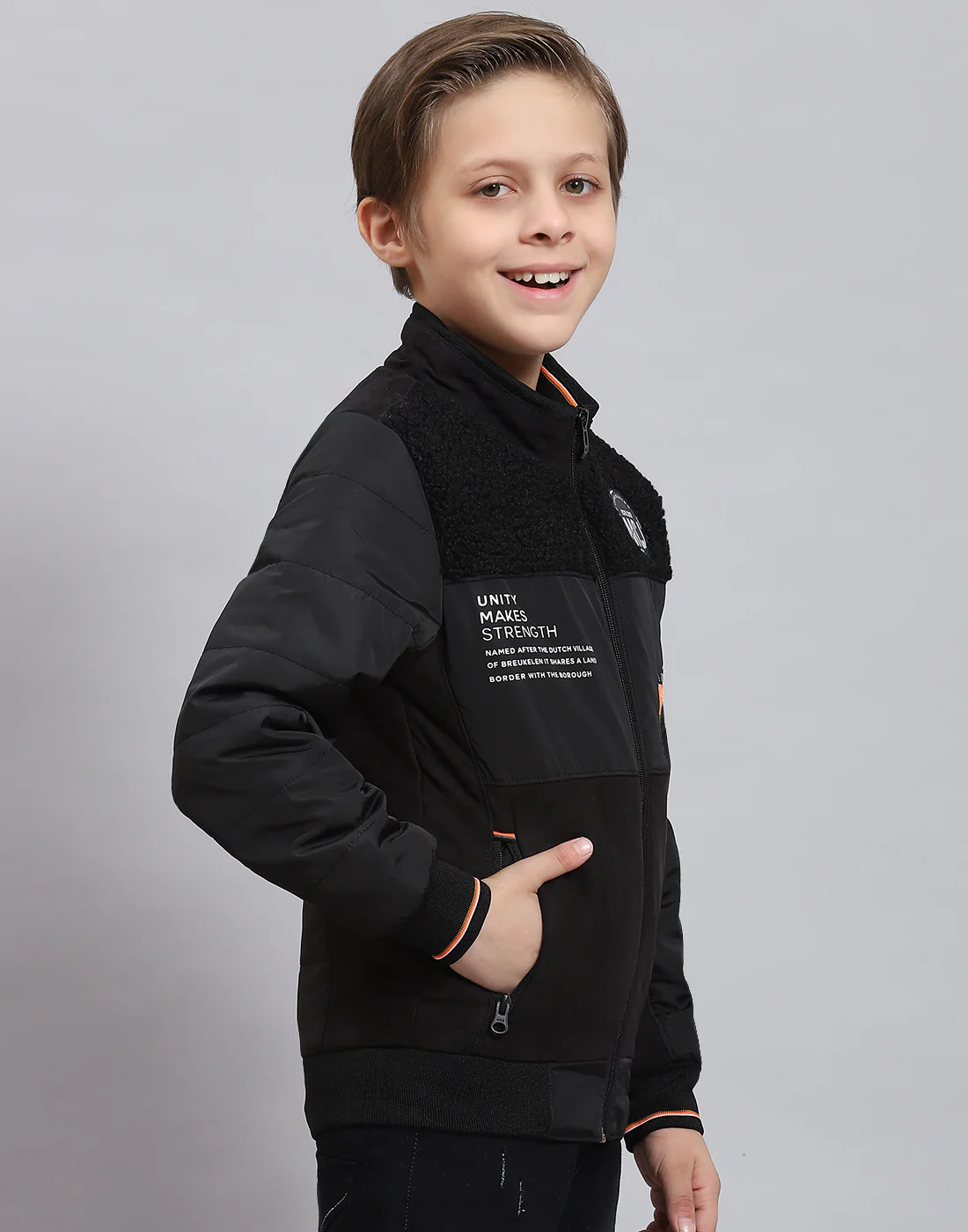 Boys Black Solid Stand Collar Full Sleeve Boys Jacket - Image 4
