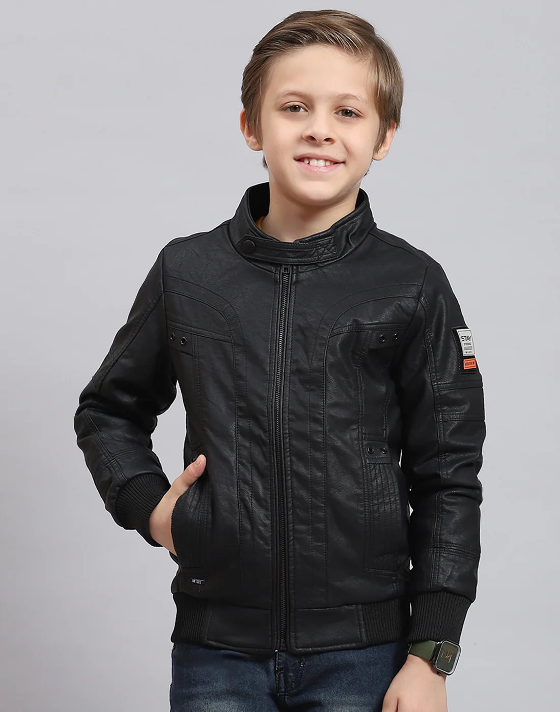 Boys Black Solid Stand Collar Full Sleeve Boys Jacket - Image 2