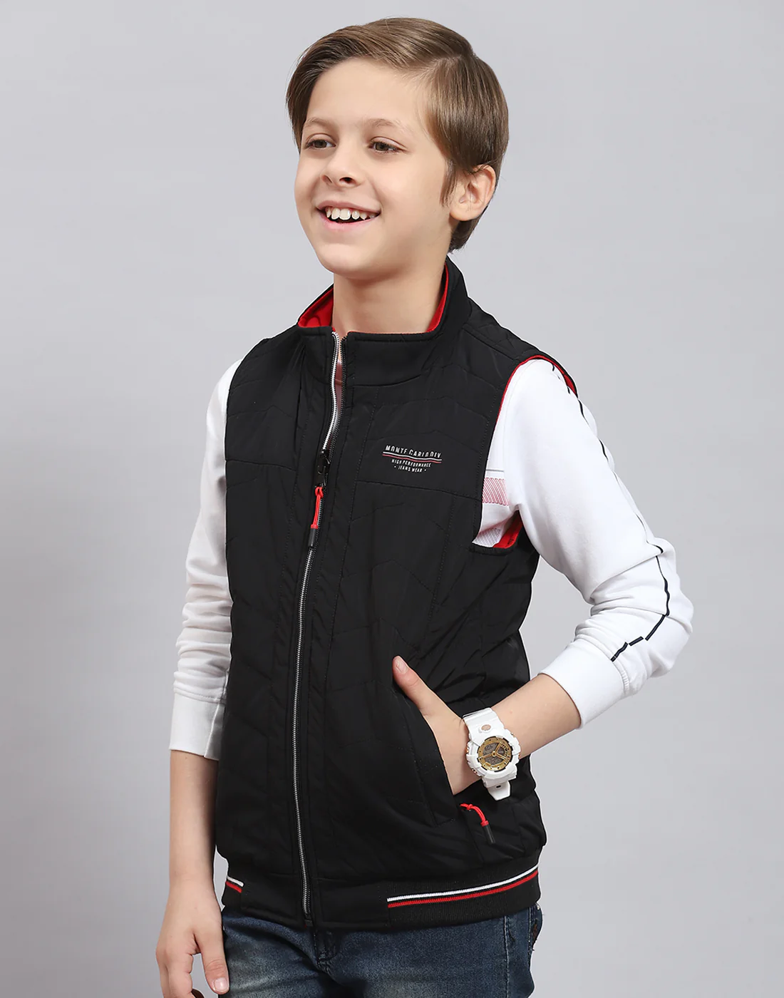 Boys Black Solid Stand Collar Sleeveless Boys Jacket - Image 3