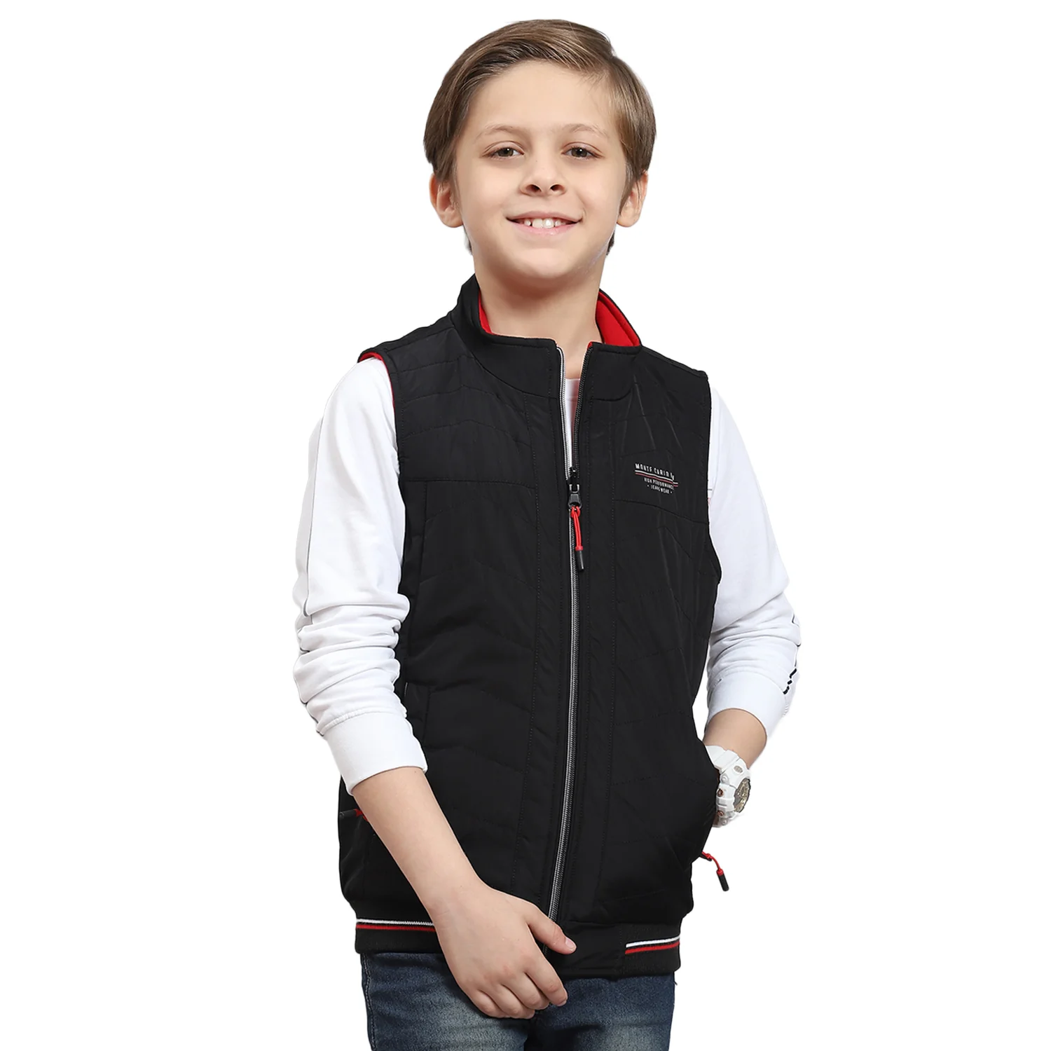 Boys Black Solid Stand Collar Sleeveless Boys Jacket - Image 5