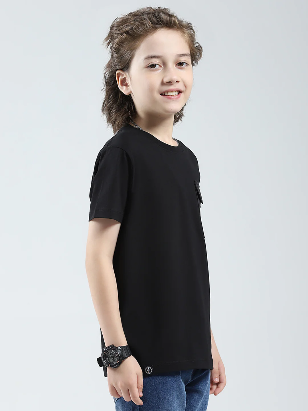 Boys Black Solid Round Neck Half Sleeve T-Shirt - Image 4