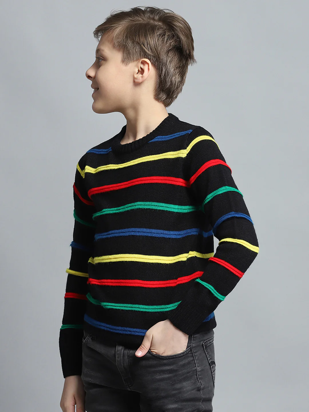Boys Black Stripe Round Neck Full Sleeve Pullover - Image 3