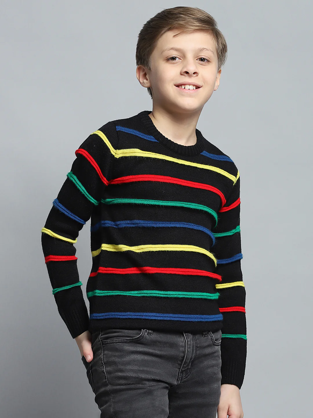 Boys Black Stripe Round Neck Full Sleeve Pullover - Image 4