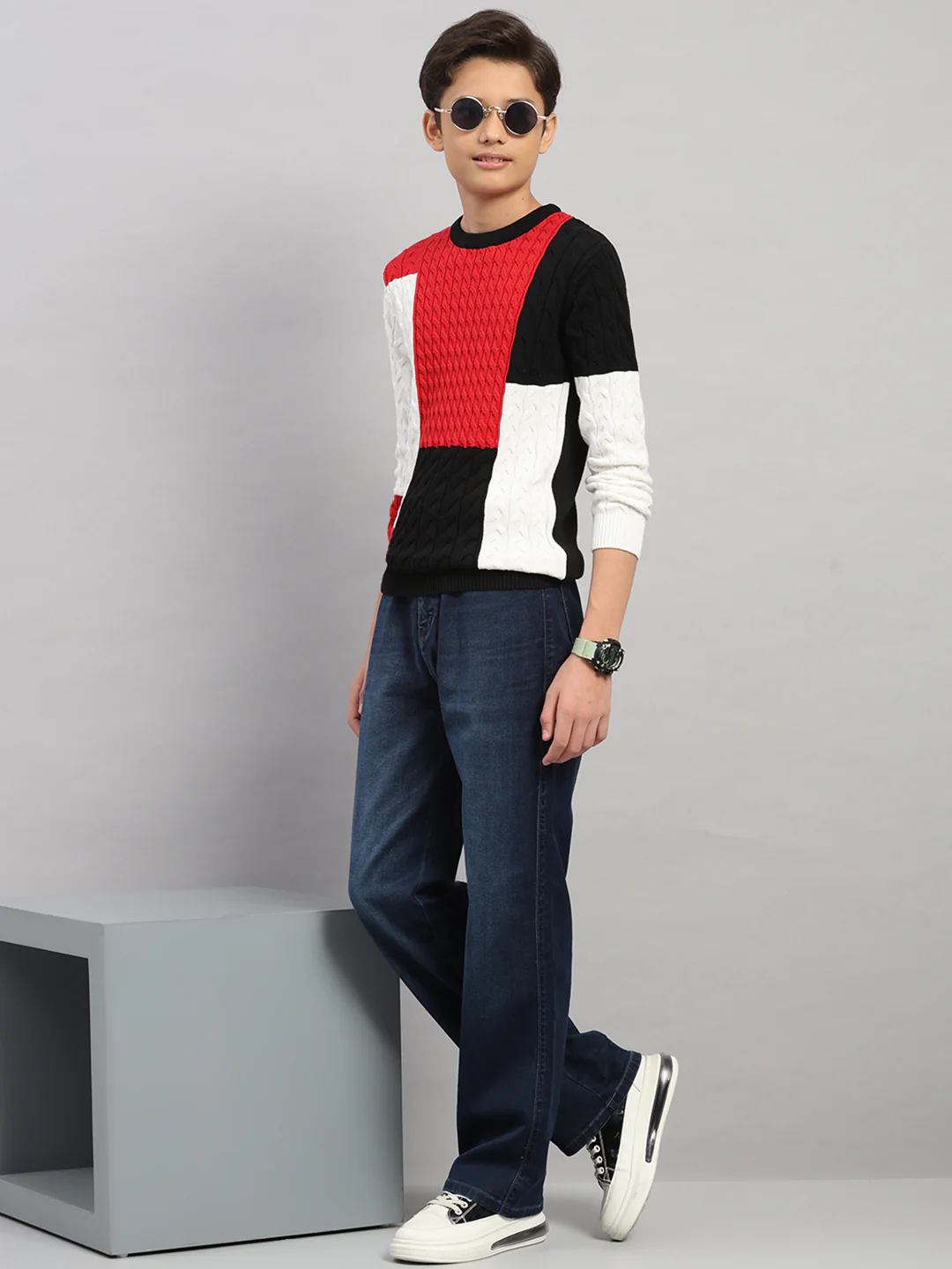 Boys Black Stripe Round Neck Full Sleeve Pullover - Image 2