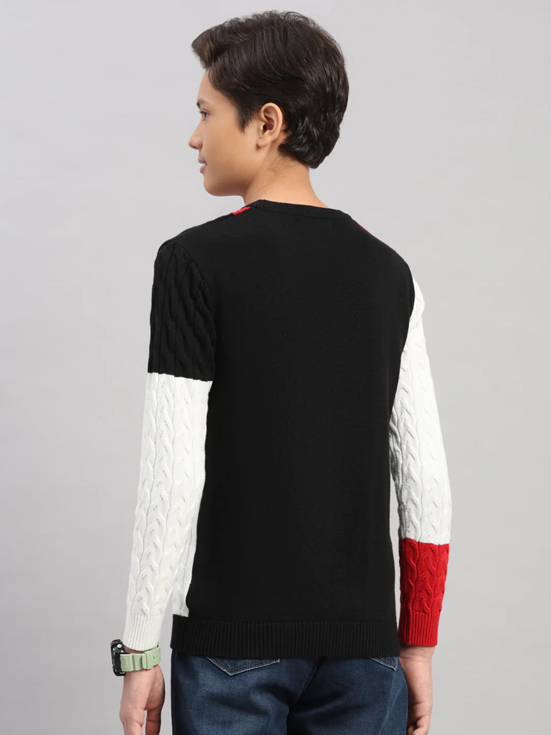 Boys Black Stripe Round Neck Full Sleeve Pullover - Image 5