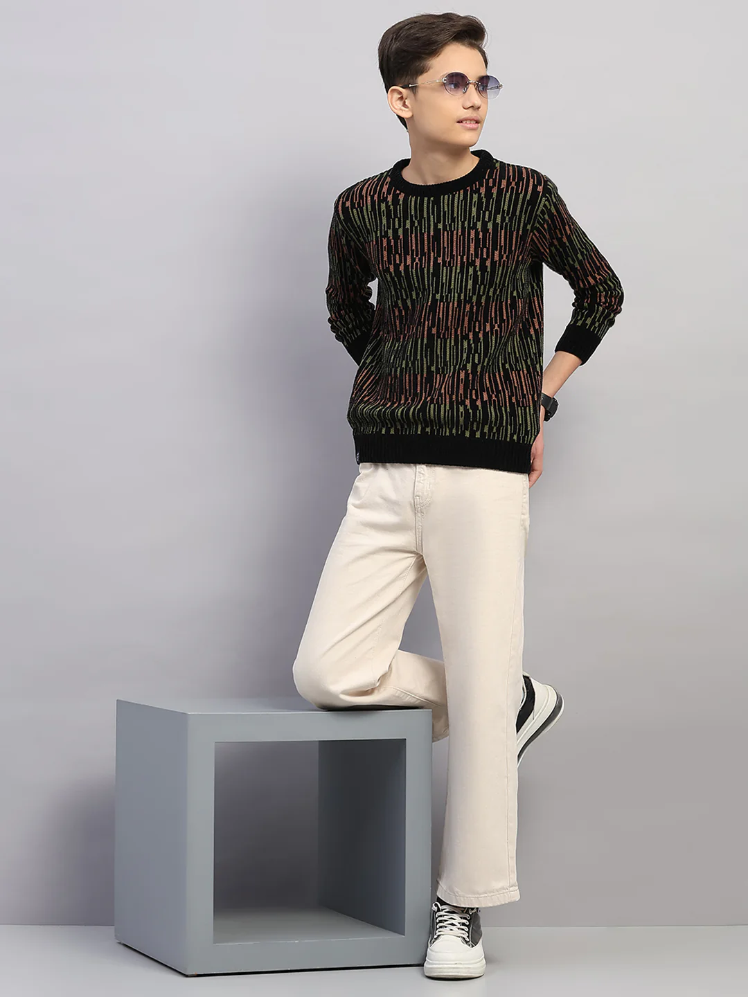 Boys Black Stripe Round Neck Full Sleeve Pullover - Image 2