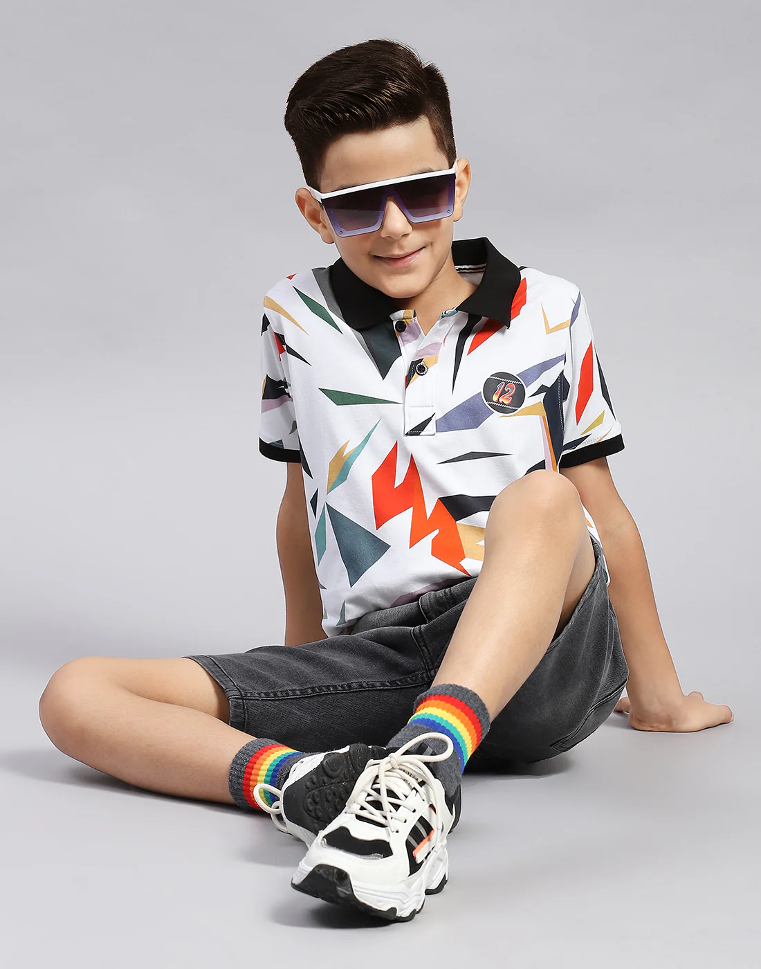 Boys Black & White Printed Polo Collar Half Sleeve T-Shirt - Image 2