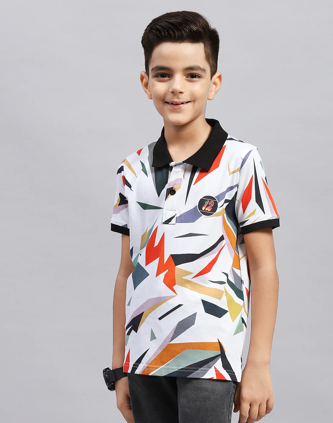Boys Black & White Printed Polo Collar Half Sleeve T-Shirt - Image 3