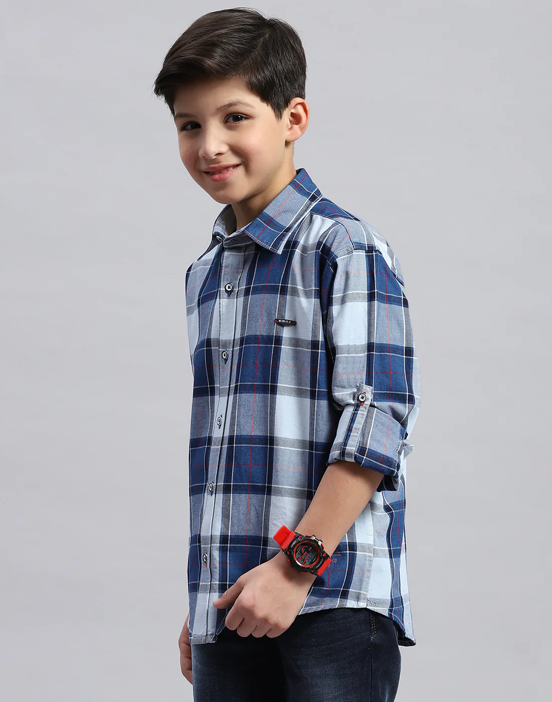 Boys Blue Check Collar Full Sleeve Shirt - Image 3