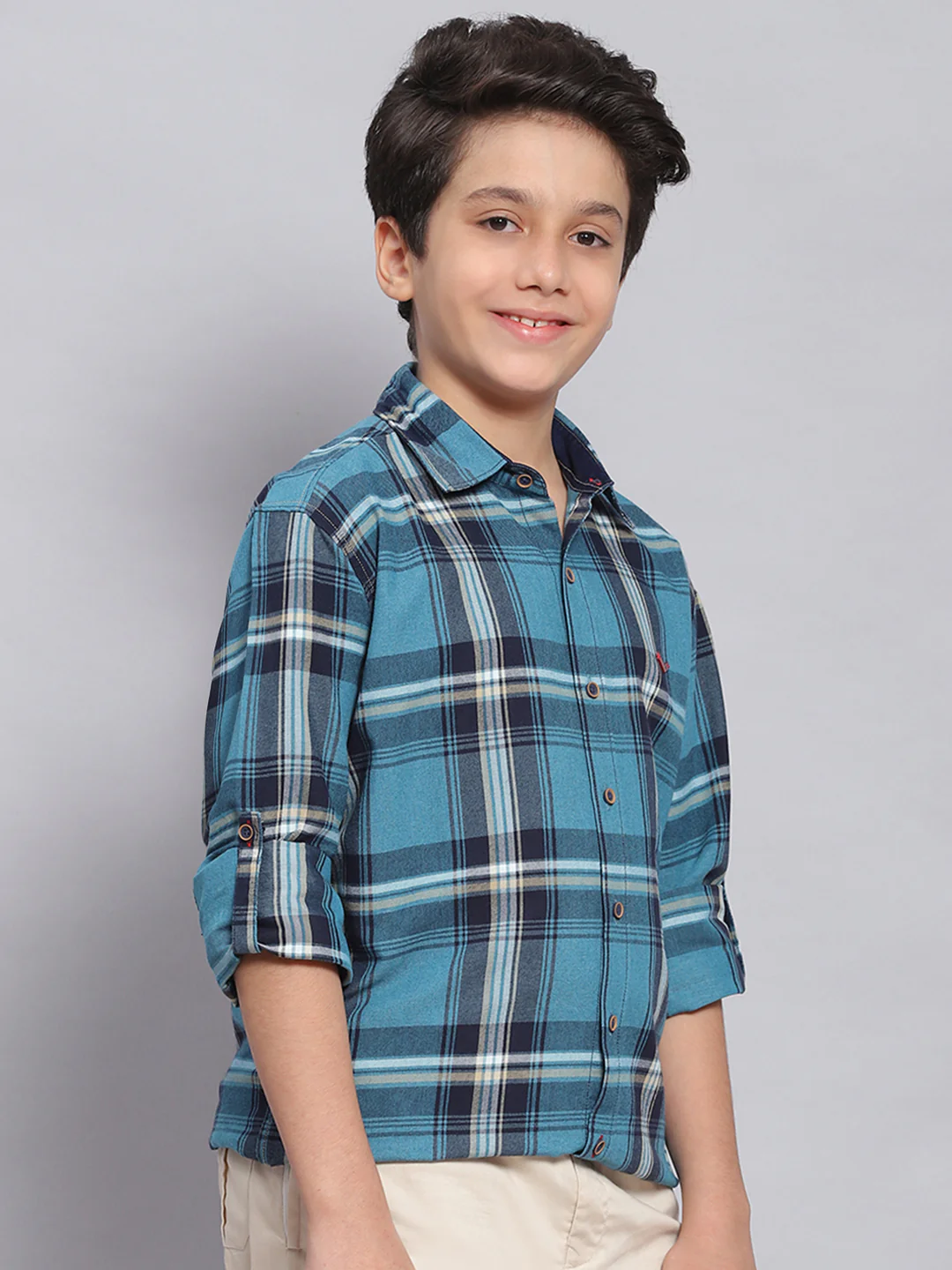 Boys Blue Check Spread Collar Full Sleeve Shirts - Image 4