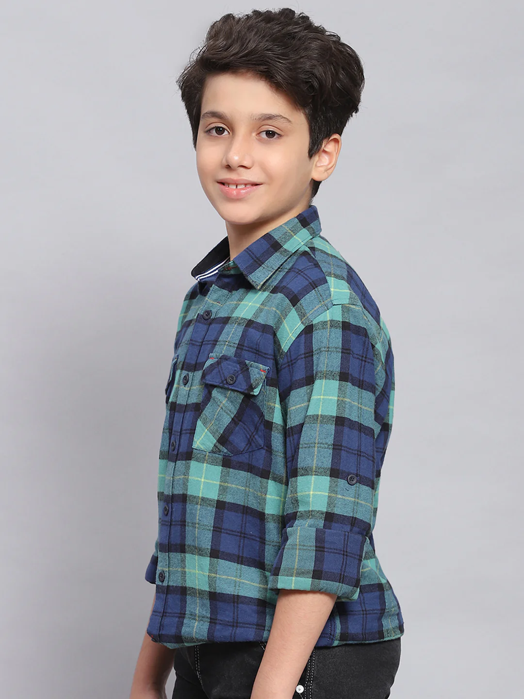 Boys Blue Check Spread Collar Full Sleeve Shirts - Image 3