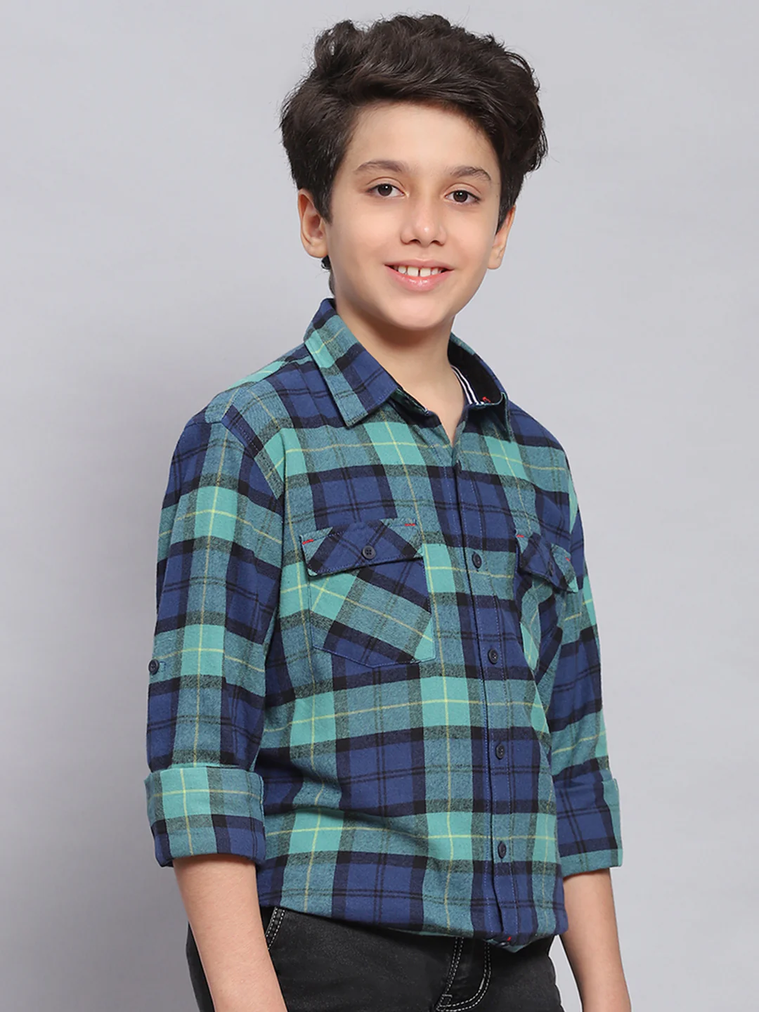 Boys Blue Check Spread Collar Full Sleeve Shirts - Image 4