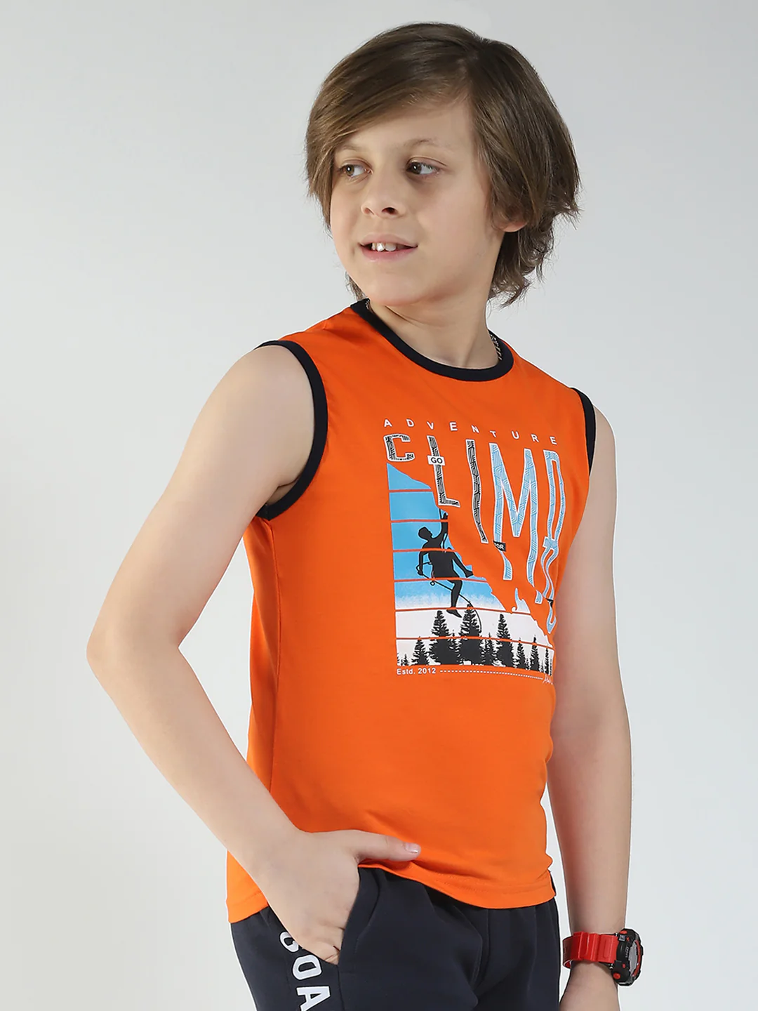 Boys Blue & Orange Printed Round Neck Sleeveless T-Shirt (Pack of 2) - Image 5