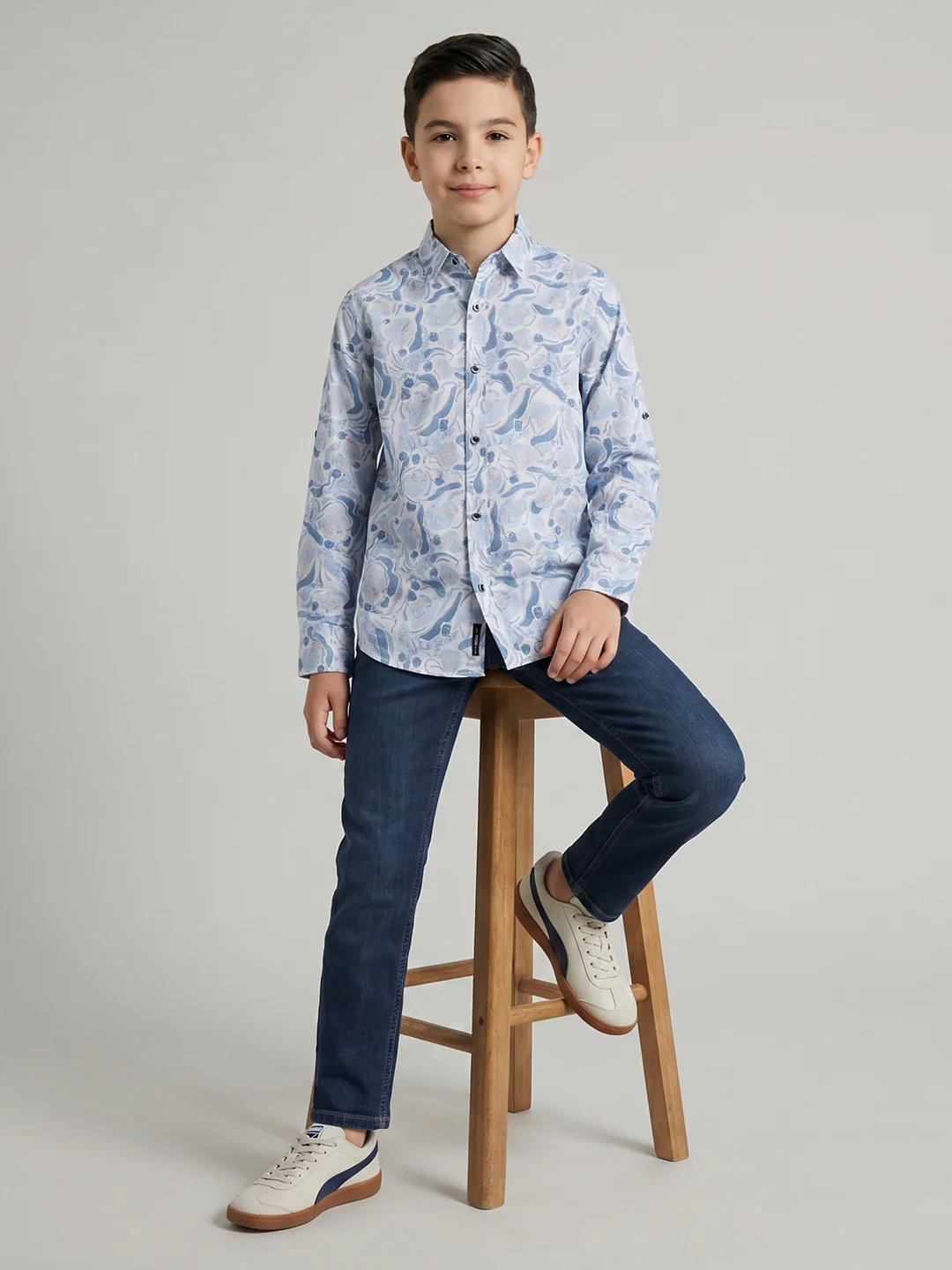 Boys Blue Printed Collar Full Sleeve Shirt - Image 5