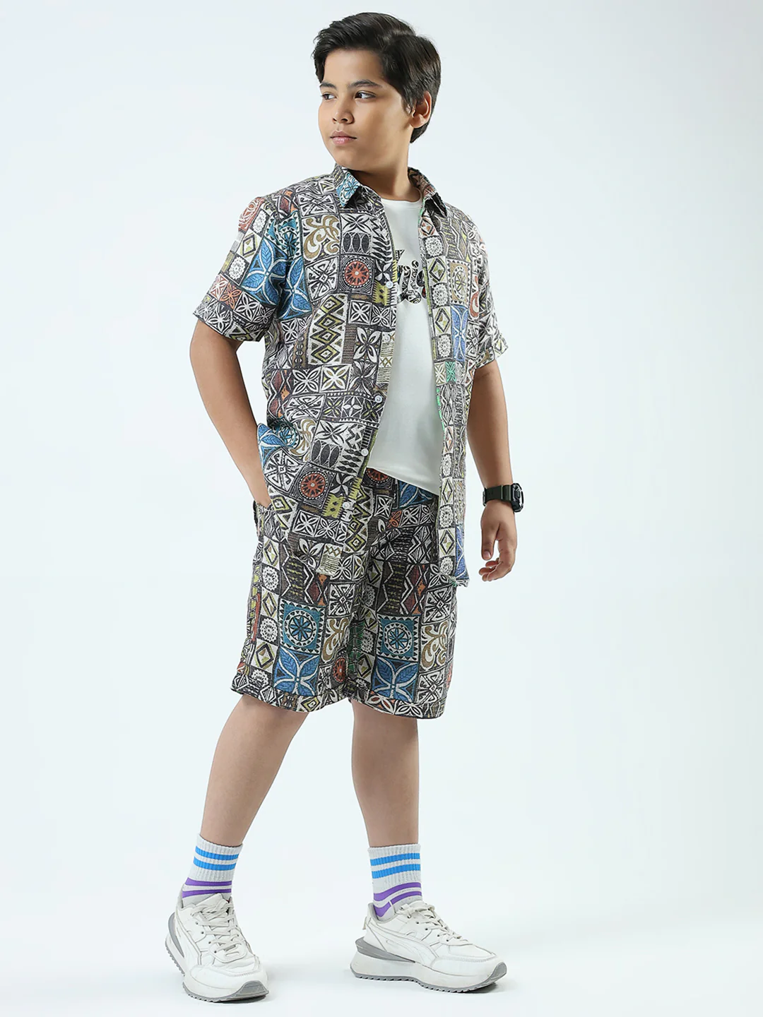 Boys Blue Printed Collar Half Sleeve 3 Pcs Cords Set - Image 4