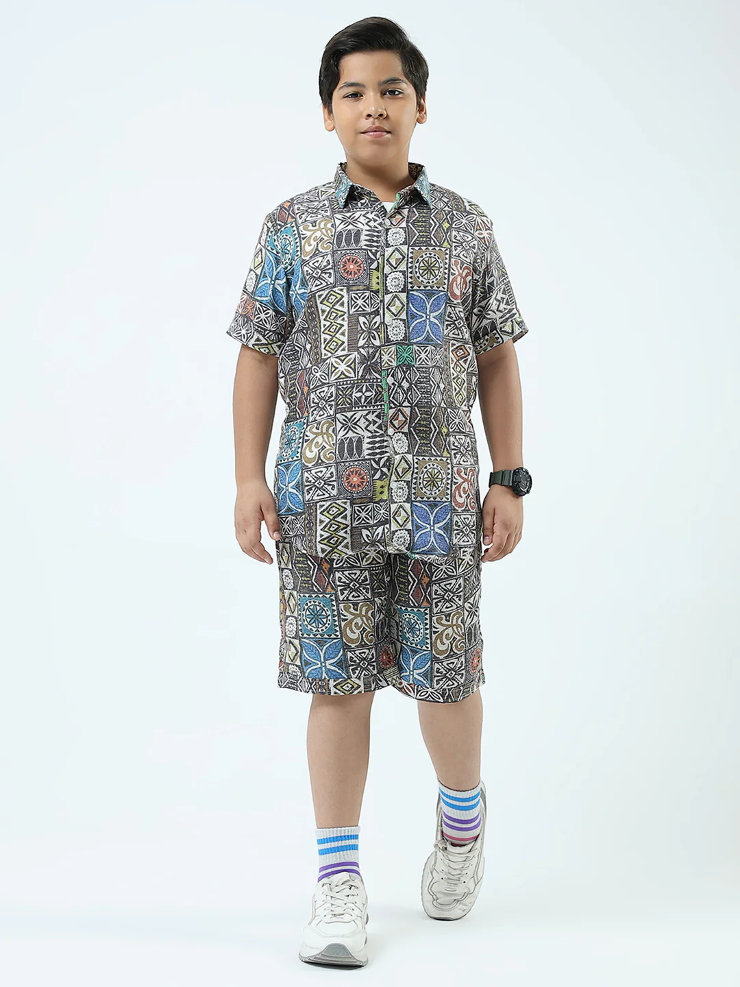 Boys Blue Printed Collar Half Sleeve 3 Pcs Cords Set - Image 6