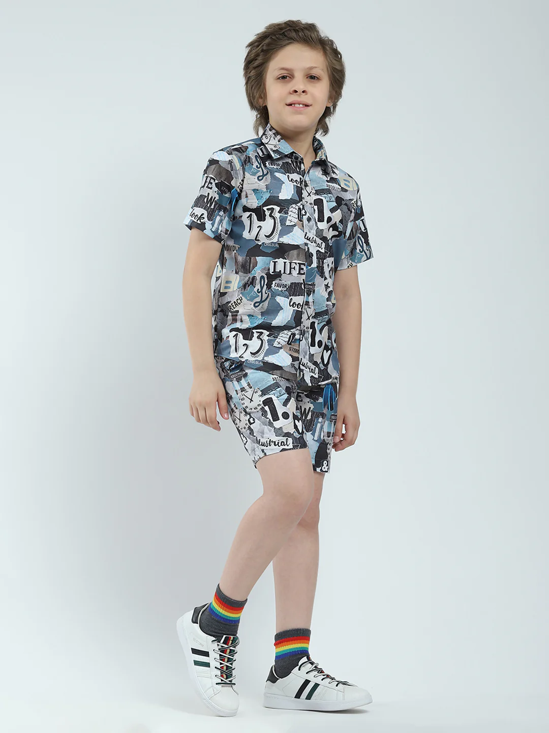 Boys Blue Printed Collar Half Sleeve Bermuda Set - Image 4